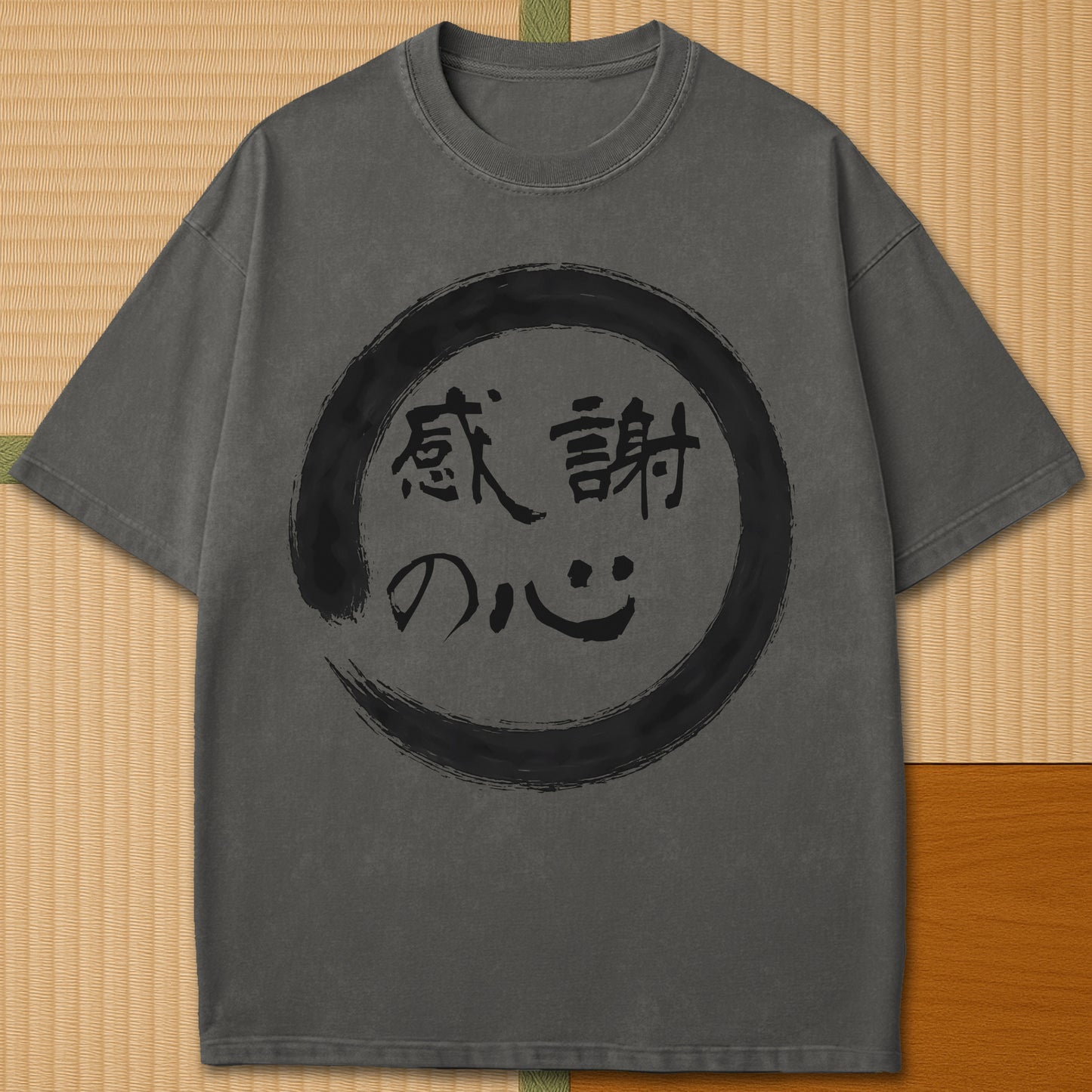 Japanese-inspired cotton Thankful Heart T-Shirt in Pepper on Comfort Colors 1717, styled in a modern flatlay scene.