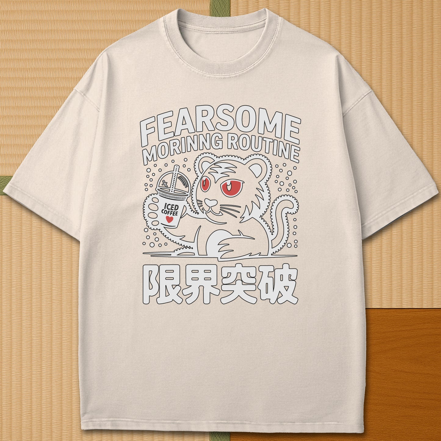 Japanese-inspired cotton Caffeinated Predator T-Shirt in Ivory on Comfort Colors 1717, styled in a modern flatlay scene.