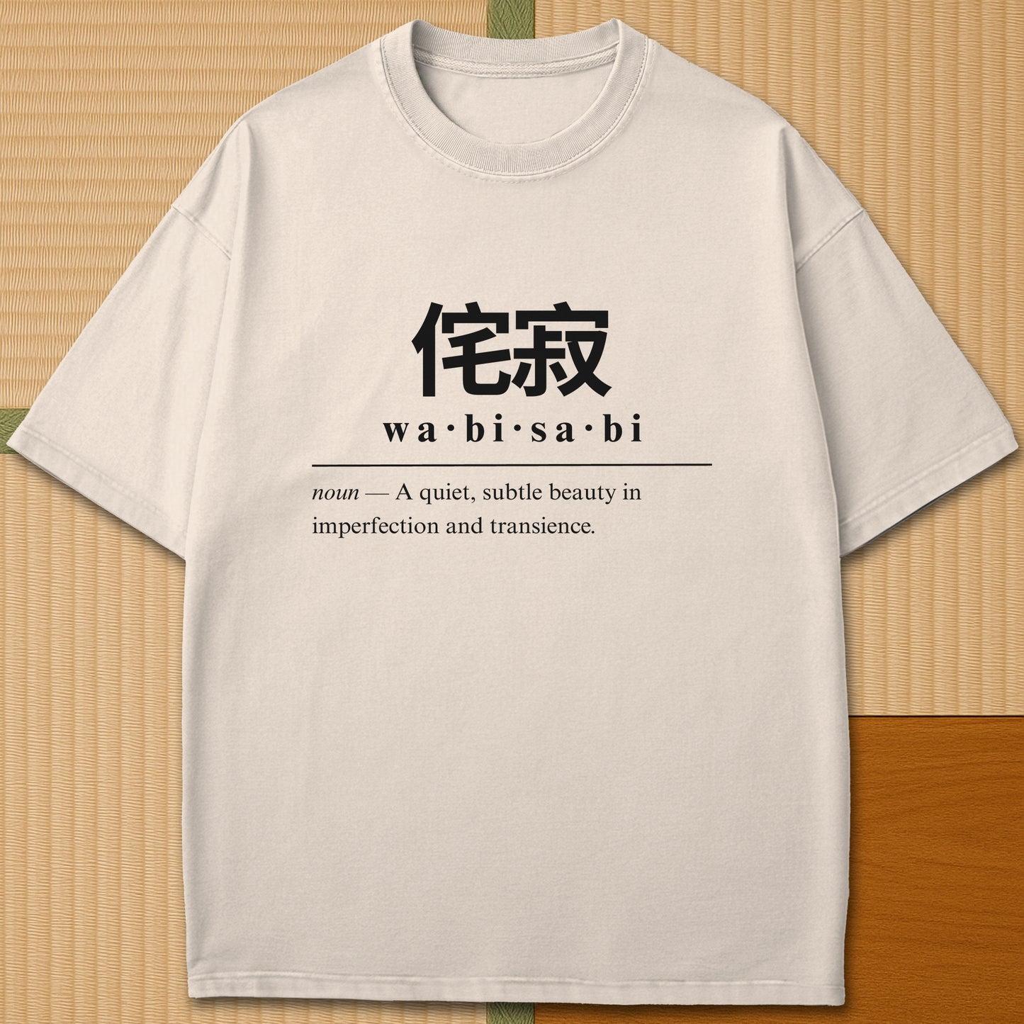 Japanese-inspired cotton Wabisabi Japanese Dictionary T-Shirt in Ivory on Comfort Colors 1717, styled in a modern flatlay scene.