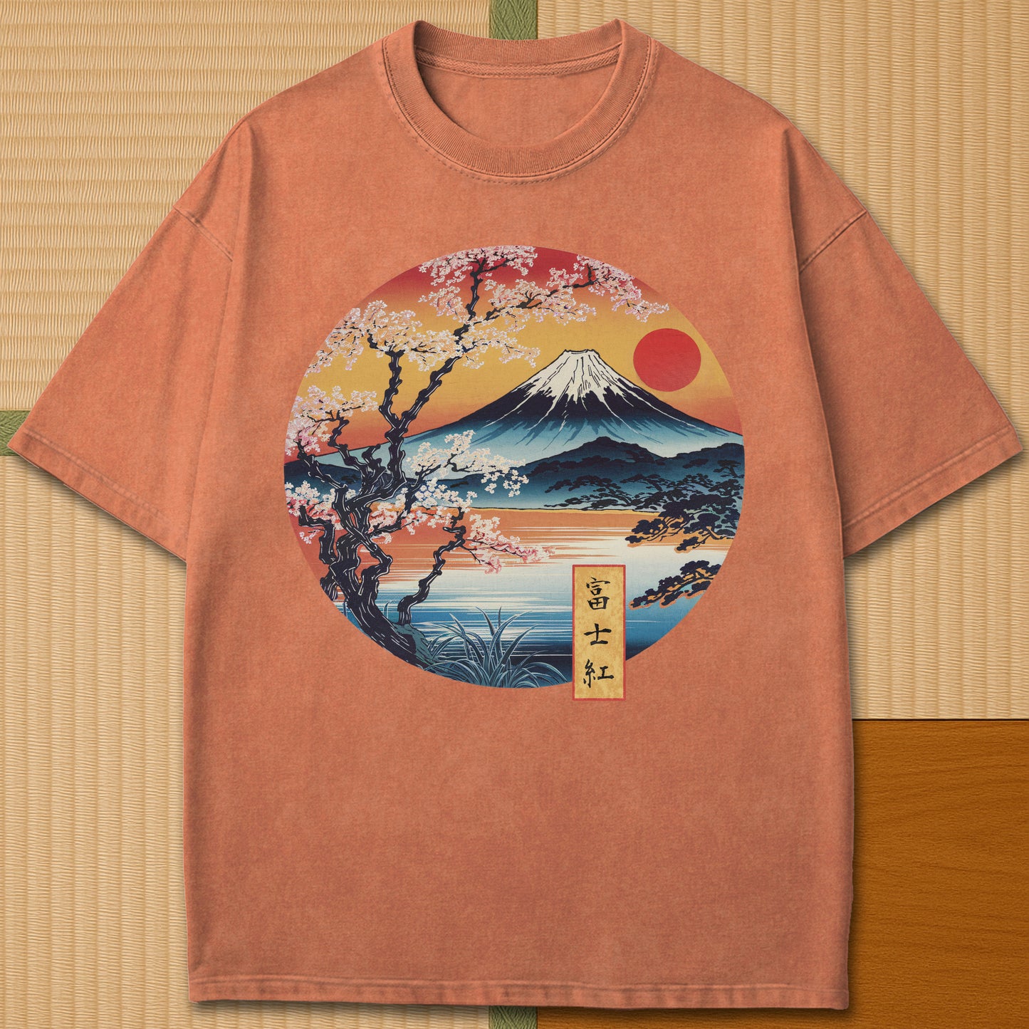 Japanese-inspired cotton Fuji Sunset T-Shirt in Yam on Comfort Colors 1717, styled in a modern flatlay scene.