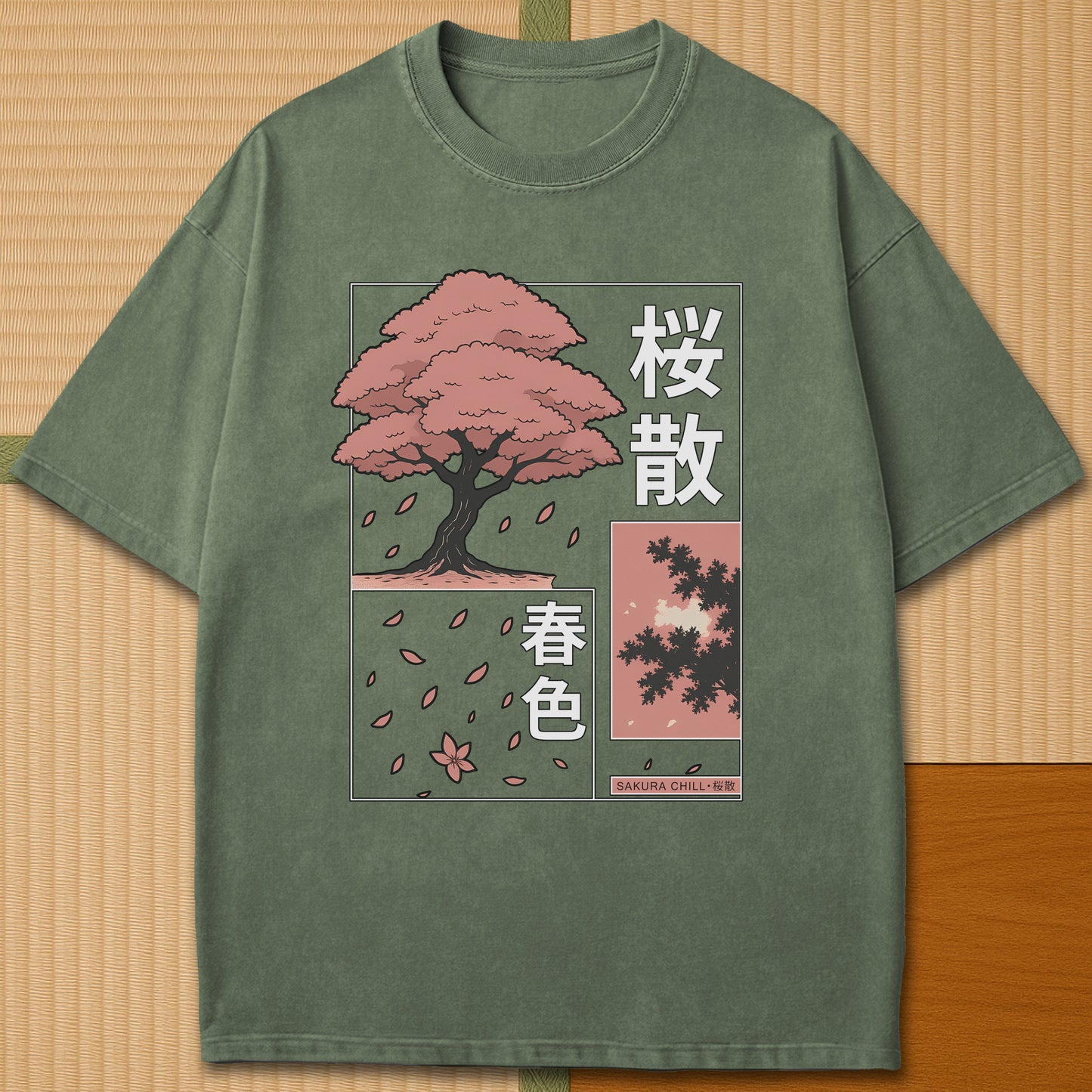 Japanese-inspired cotton Sakura Chill T-Shirt in Moss on Comfort Colors 1717, styled in a modern flatlay scene.