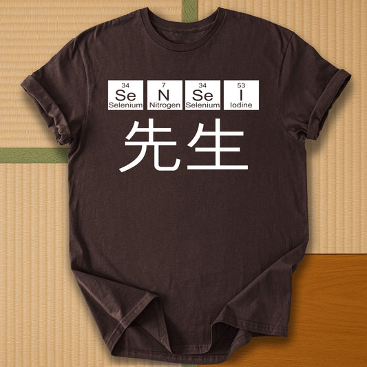 Japanese-inspired cotton Sensei Periodic Table T-Shirt in Dark Chocolate on Gildan 64000, styled in a modern flatlay scene