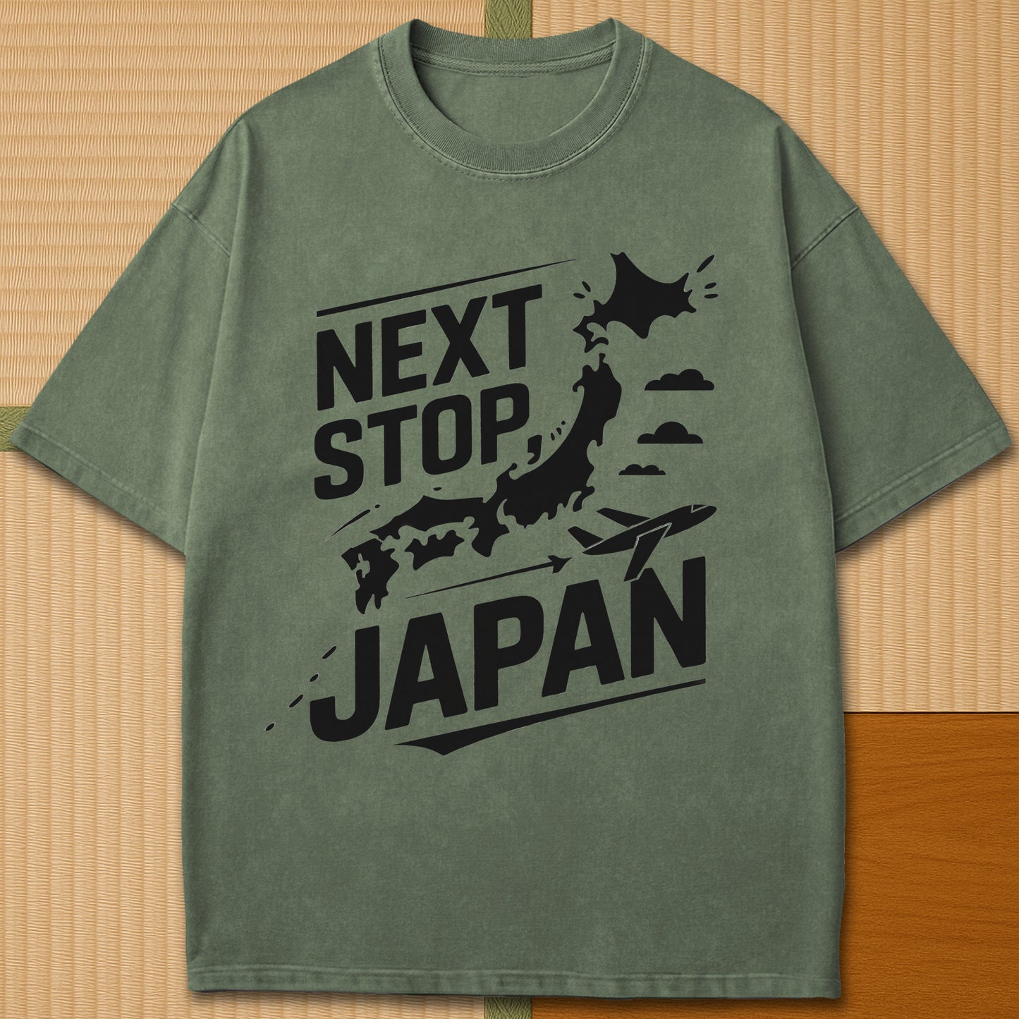Japanese-inspired cotton Next Stop Japan T-Shirt in Moss on Comfort Colors 1717, styled in a modern flatlay scene.