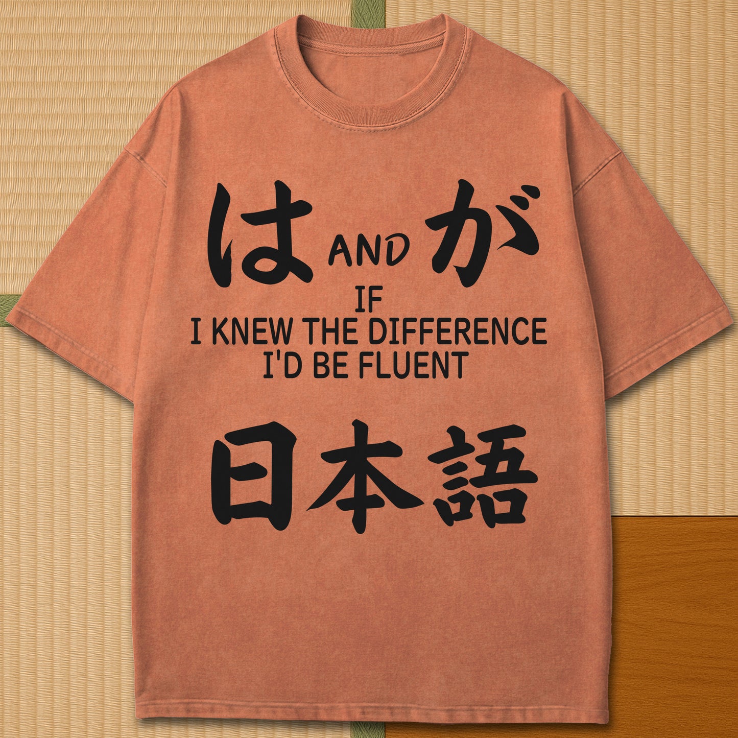 Japanese-inspired cotton Wa And Ga Japanese T-Shirt in Yam on Comfort Colors 1717, styled in a modern flatlay scene.