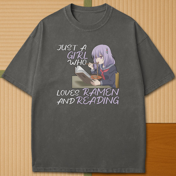Japanese-inspired cotton Ramen And Reading T-Shirt in Pepper on Comfort Colors 1717, styled in a modern flatlay scene.