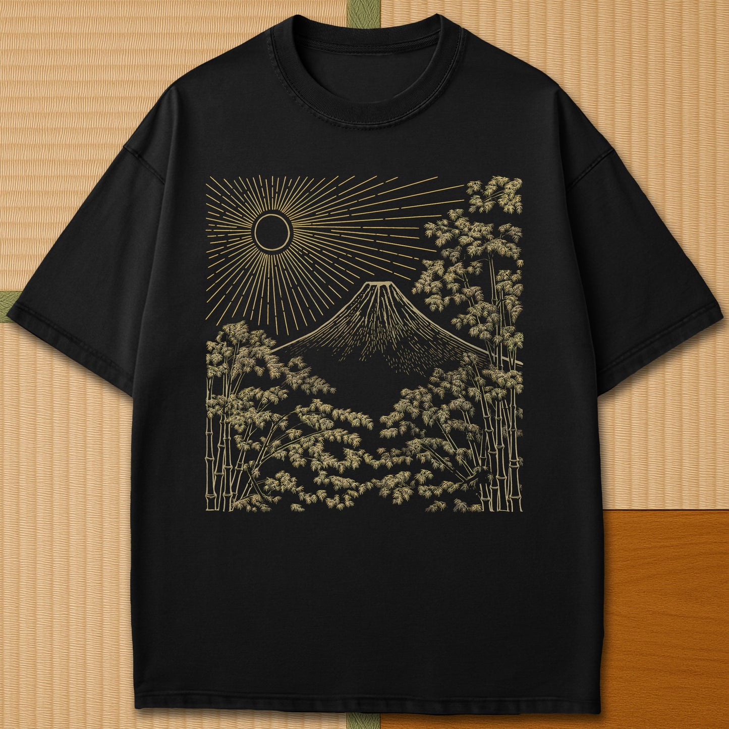 Japanese-inspired cotton Fuji Sunset Line Art T-Shirt in Black on Comfort Colors 1717, styled in a modern flatlay scene.