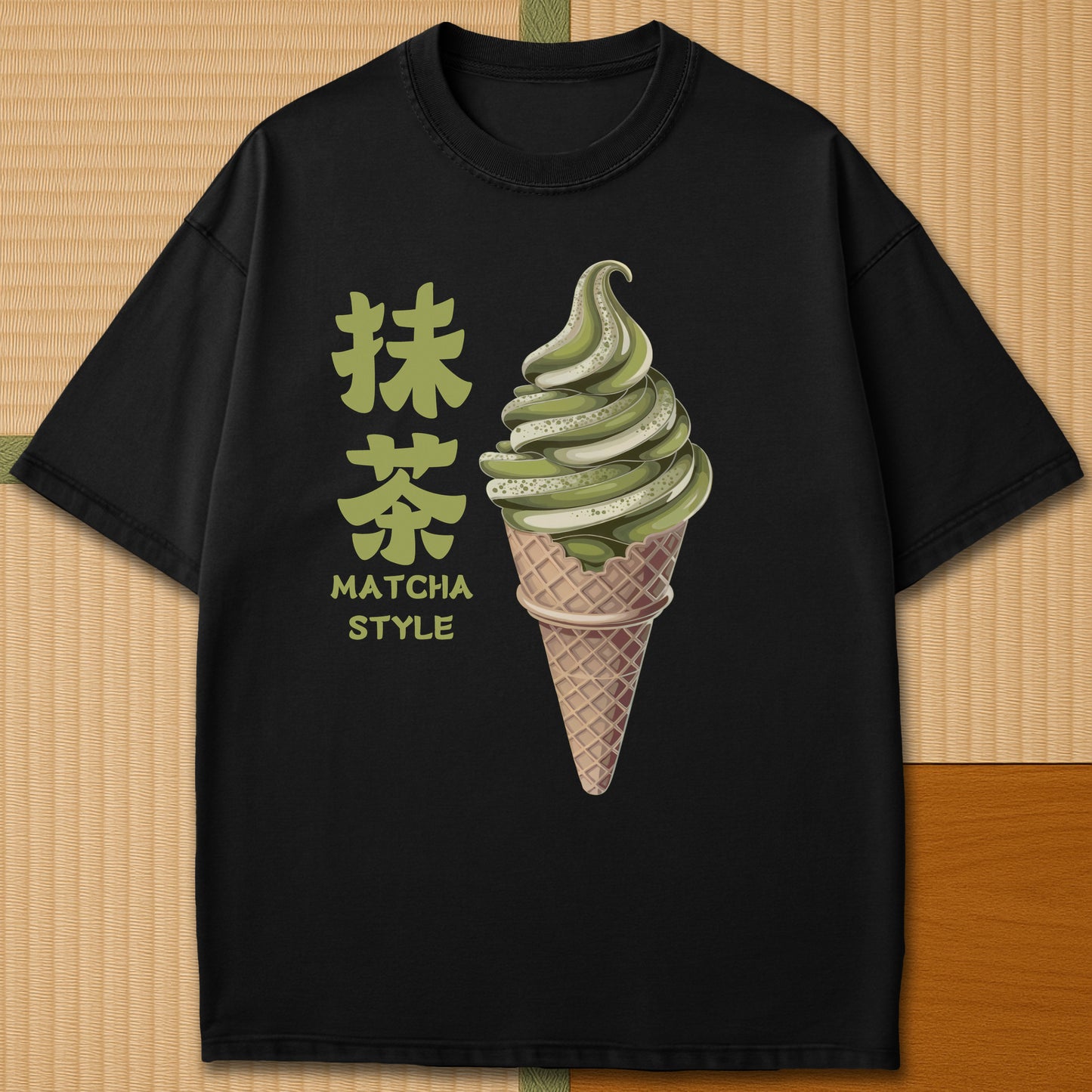 Japanese-inspired cotton Matcha Ice Cream T-Shirt in Black on Comfort Colors 1717, styled in a modern flatlay scene.