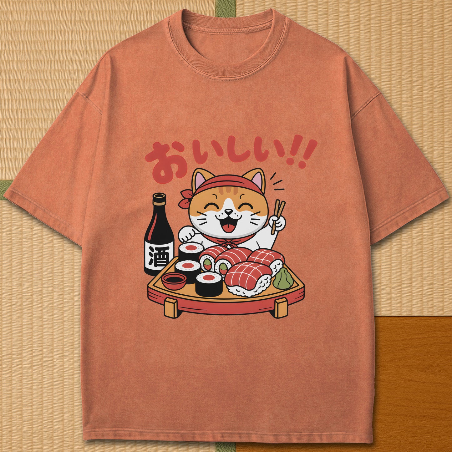 Japanese-inspired cotton Cute Cat And Sushi T-Shirt in Yam on Comfort Colors 1717, styled in a modern flatlay scene.