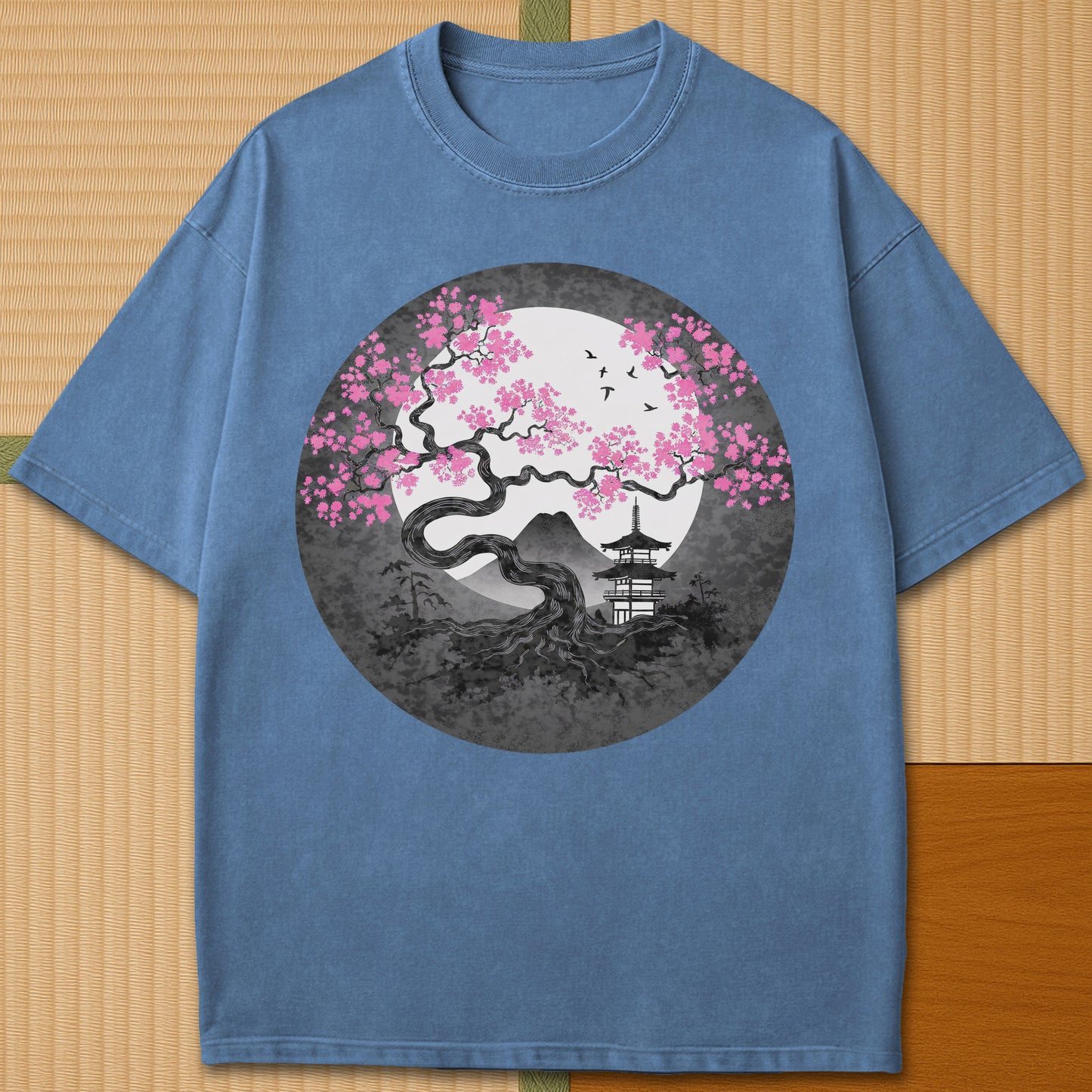 Japanese-inspired cotton Sakura Near Fuji T-Shirt in Blue Jean on Comfort Colors 1717, styled in a modern flatlay scene.
