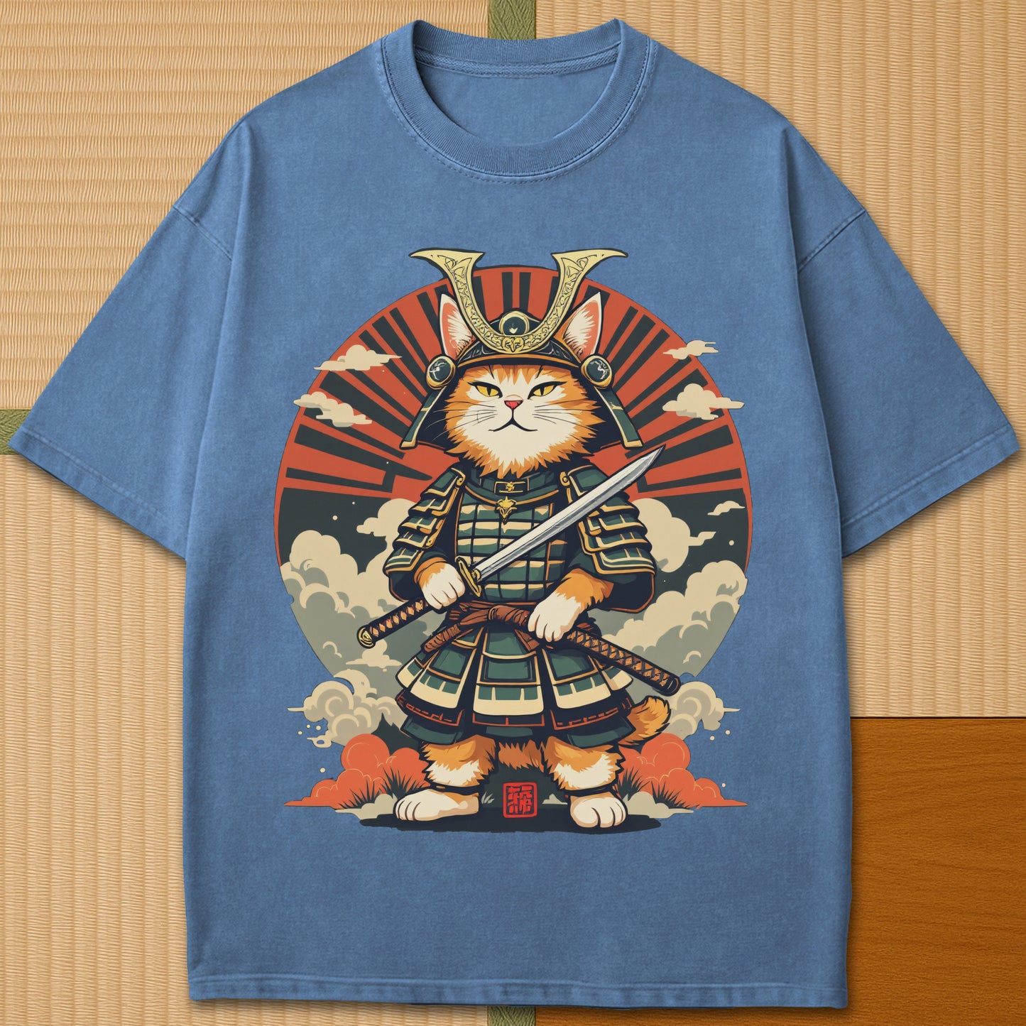 Japanese-inspired cotton Handsome Cat Samurai T-Shirt in Blue Jean on Comfort Colors 1717, styled in a modern flatlay scene.