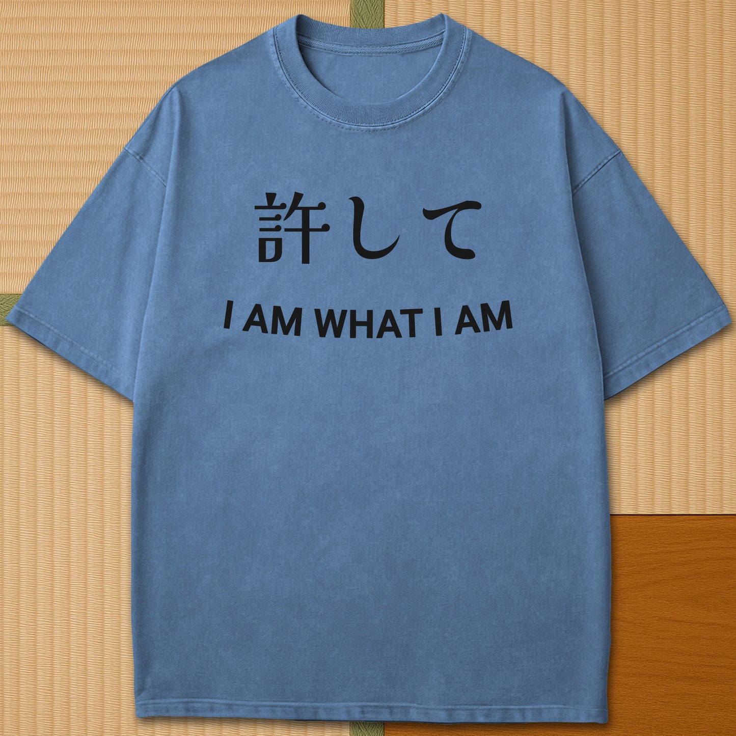 Japanese-inspired cotton Forgive Me In Japanese T-Shirt in Blue Jean on Comfort Colors 1717, styled in a modern flatlay scene.