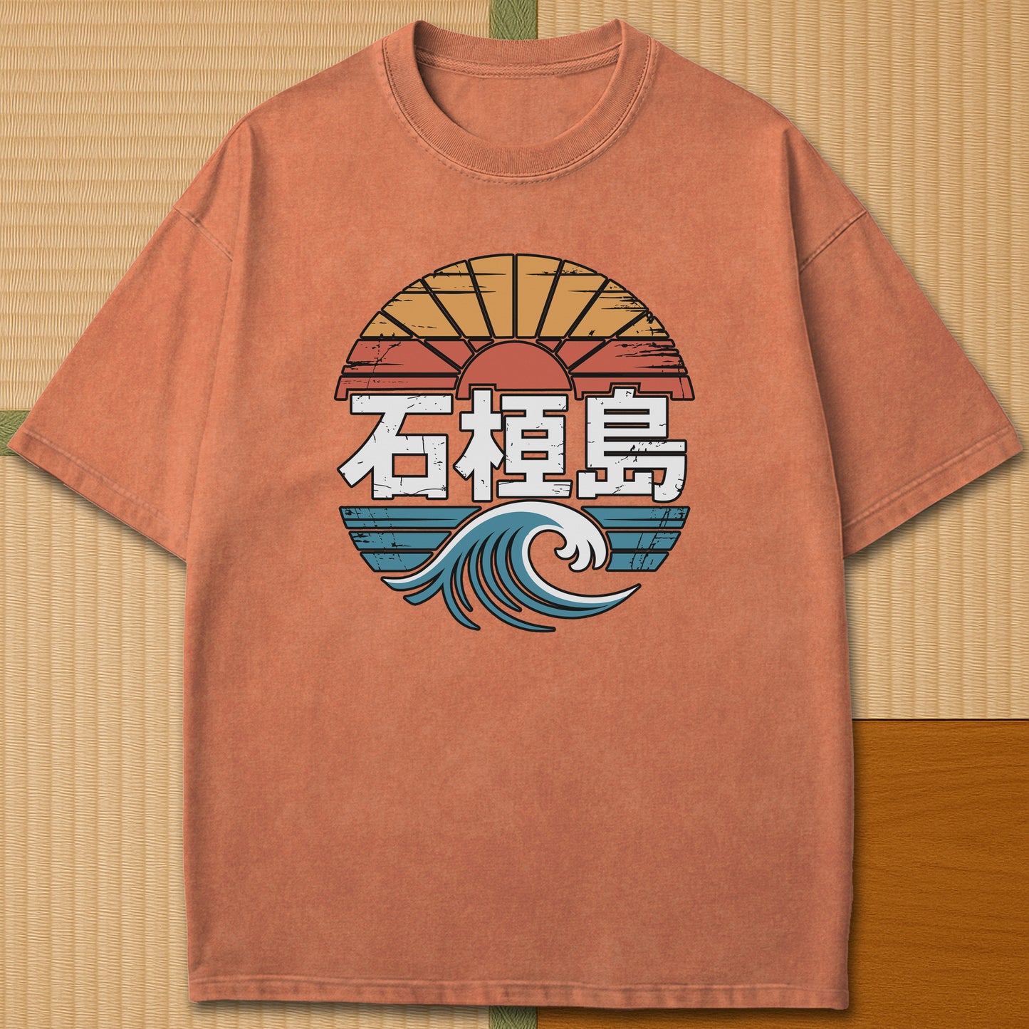 Japanese-inspired cotton Ishigaki Island Vintage Graphic Travel T-Shirt in Yam on Comfort Colors 1717, styled in a modern flatlay scene.