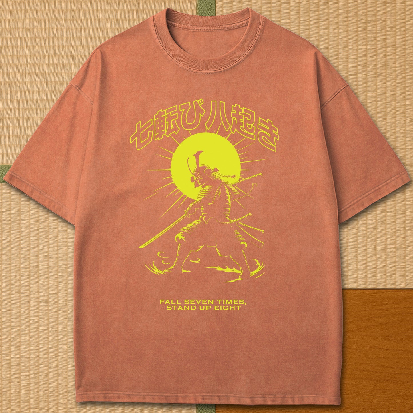 Japanese-inspired cotton Bushido Resilience T-Shirt in Yam on Comfort Colors 1717, styled in a modern flatlay scene.