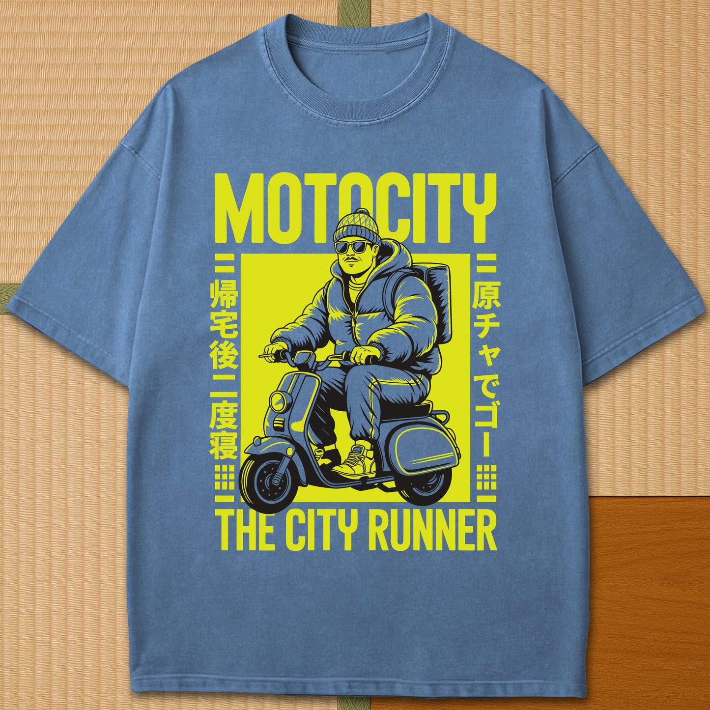 Japanese-inspired cotton Motocity The City Runner T-Shirt in Blue Jean on Comfort Colors 1717, styled in a modern flatlay scene.