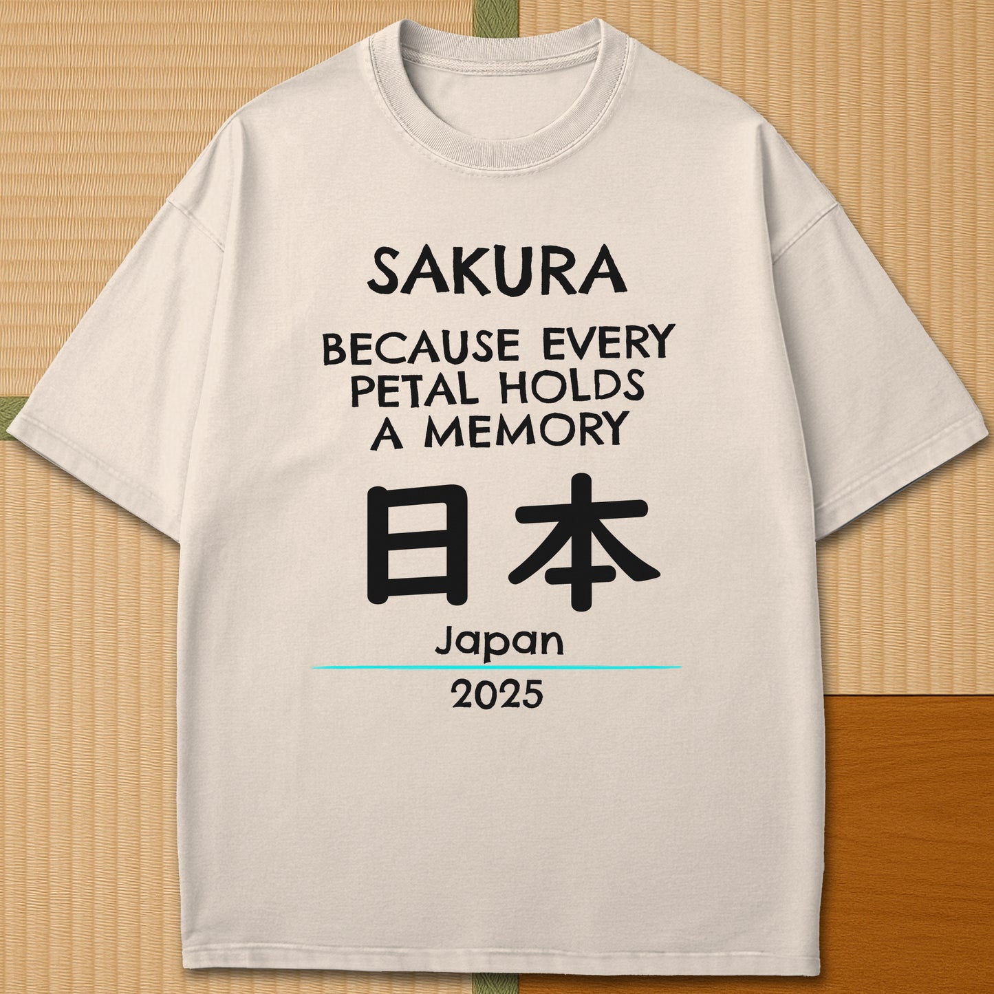 Japanese-inspired cotton Sakura Japan T-Shirt in Ivory on Comfort Colors 1717, styled in a modern flatlay scene.