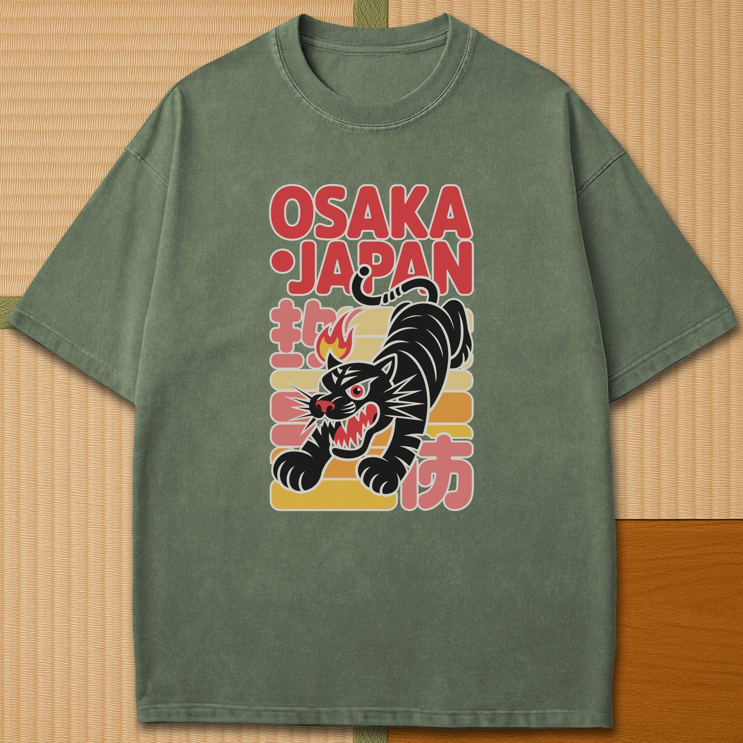 Japanese-inspired cotton Osaka Fire Tiger T-Shirt in Moss on Comfort Colors 1717, styled in a modern flatlay scene.