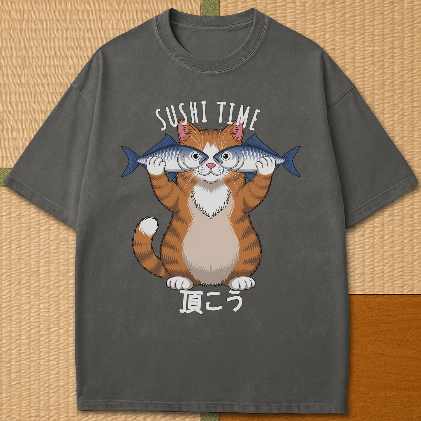 Japanese-inspired cotton Cat Sushi Time T-Shirt in Pepper on Comfort Colors 1717, styled in a modern flatlay scene.