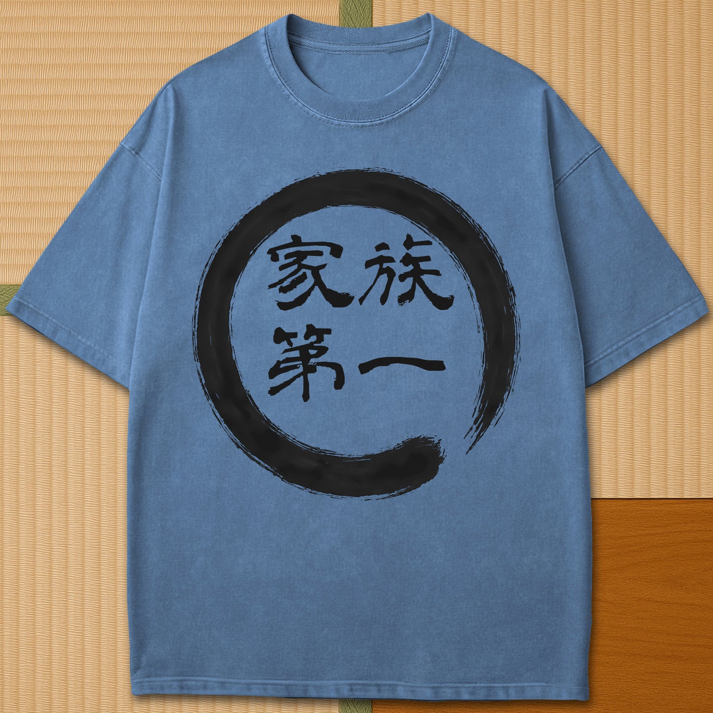Japanese-inspired cotton Family First In Japanese T-Shirt in Blue Jean on Comfort Colors 1717, styled in a modern flatlay scene.