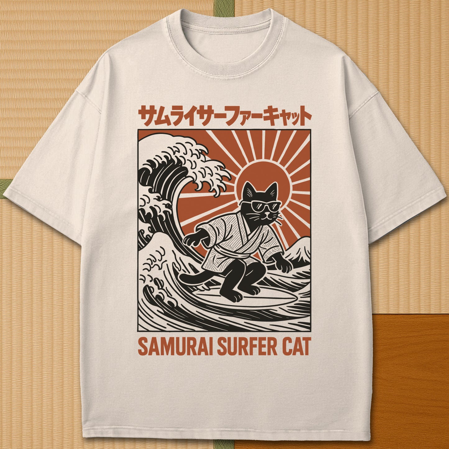 Japanese-inspired cotton Samurai Surfer Cat T-Shirt in Ivory on Comfort Colors 1717, styled in a modern flatlay scene.