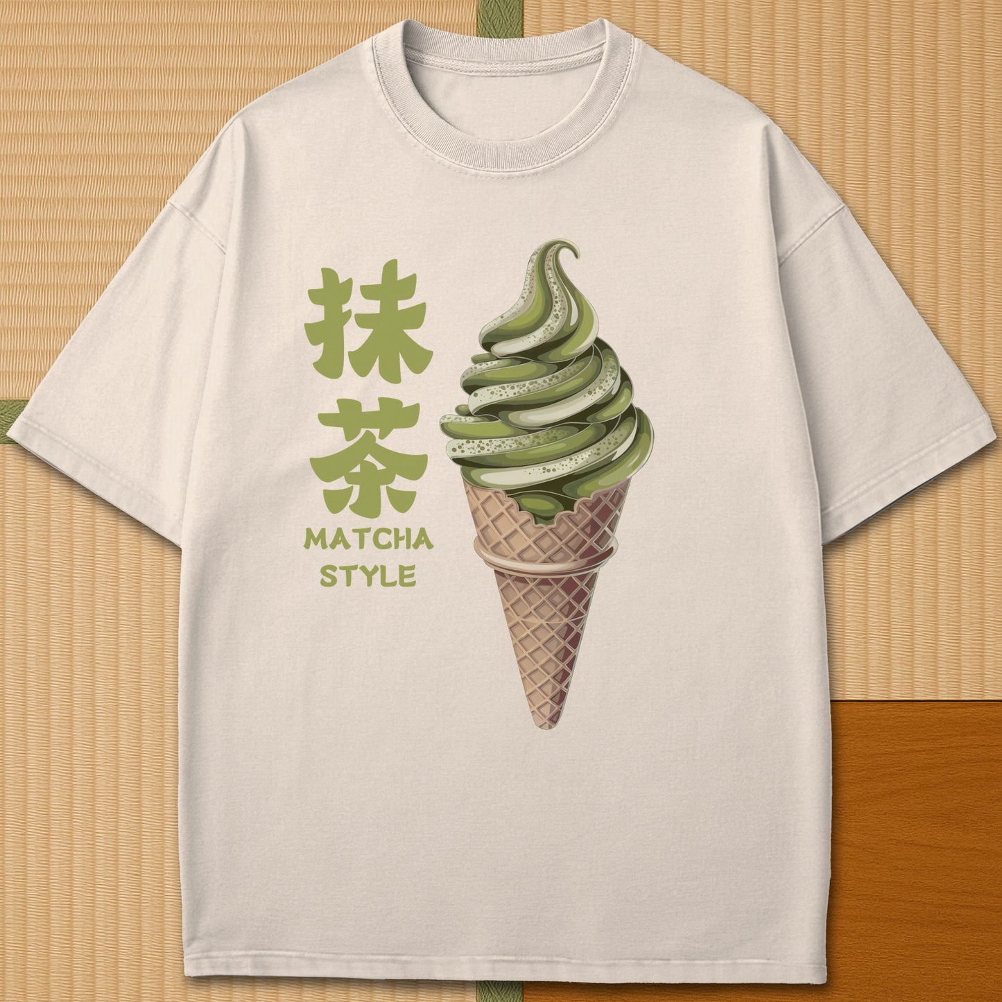 Japanese-inspired cotton Matcha Ice Cream T-Shirt in Ivory on Comfort Colors 1717, styled in a modern flatlay scene.