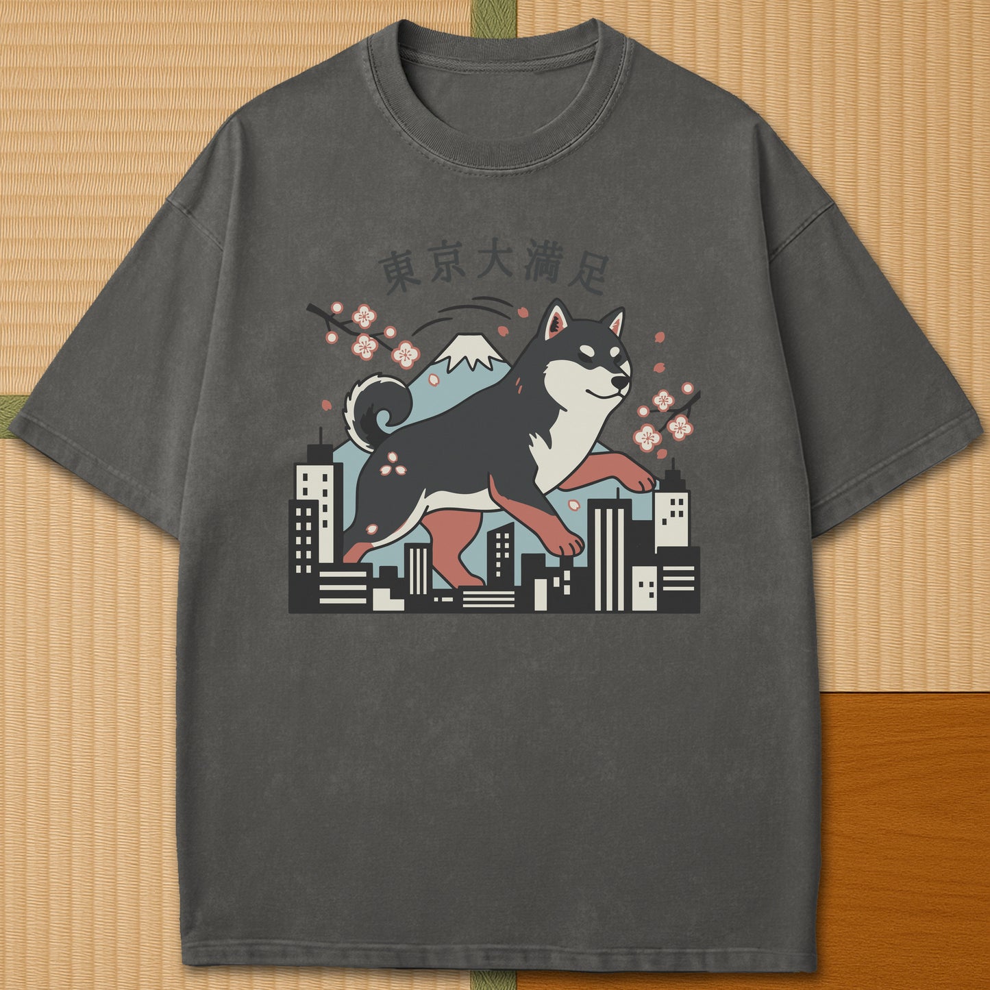 Japanese-inspired cotton Dog Life Tokyo T-Shirt in Pepper on Comfort Colors 1717, styled in a modern flatlay scene.