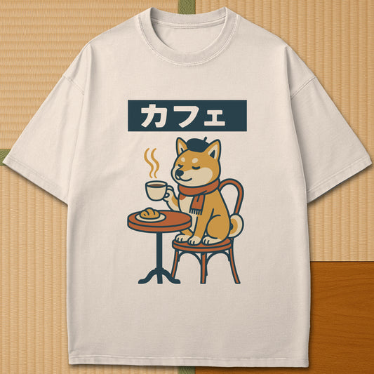 Japanese-inspired cotton Shiba Cafe Time T-Shirt in Ivory on Comfort Colors 1717, styled in a modern flatlay scene.