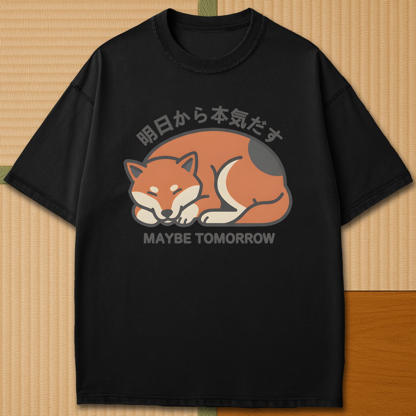 Japanese-inspired cotton Maybe Tomorrow Shiba Inu T-Shirt in Black on Comfort Colors 1717, styled in a modern flatlay scene.