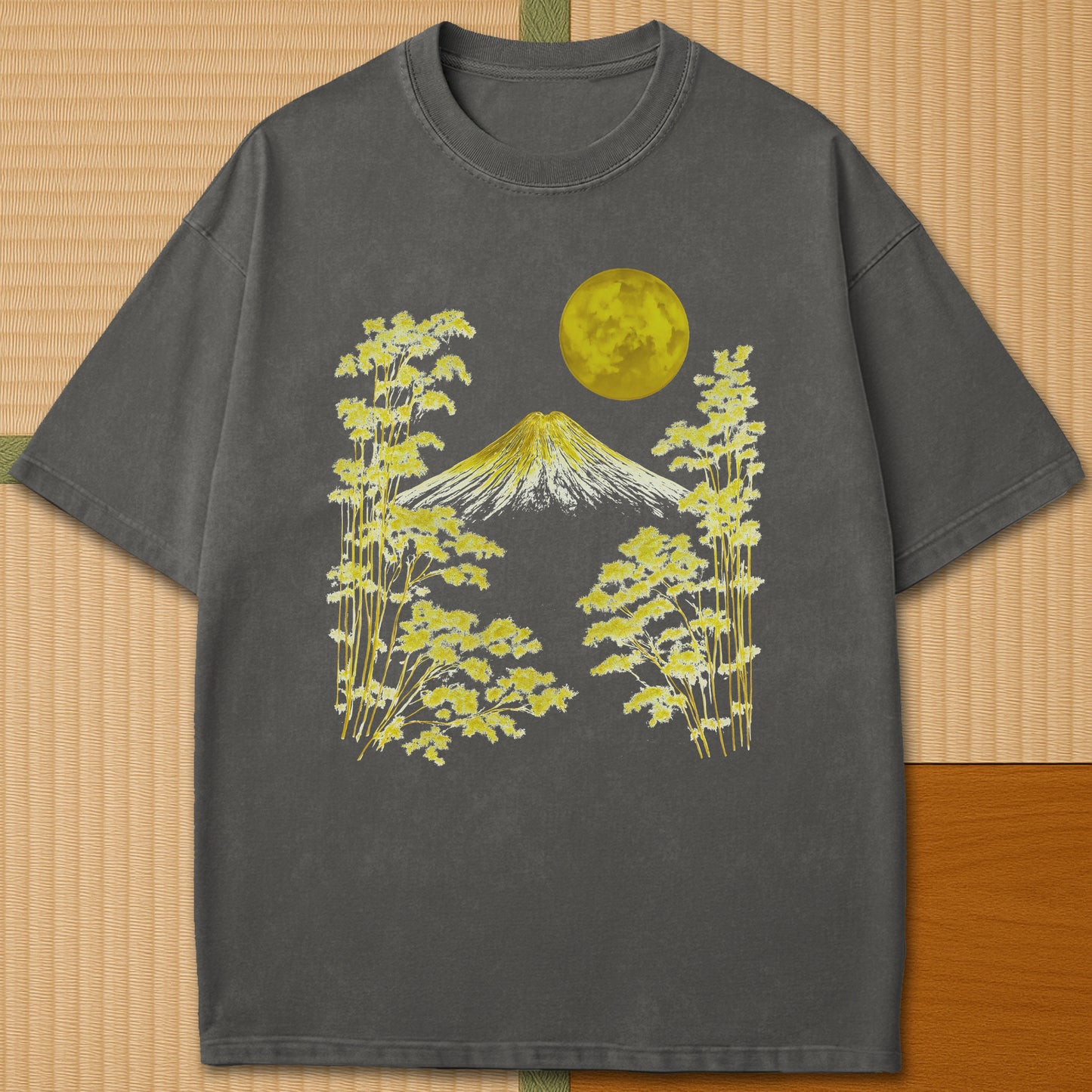 Japanese-inspired cotton Fuji Moonlight Line Art T-Shirt in Pepper on Comfort Colors 1717, styled in a modern flatlay scene.