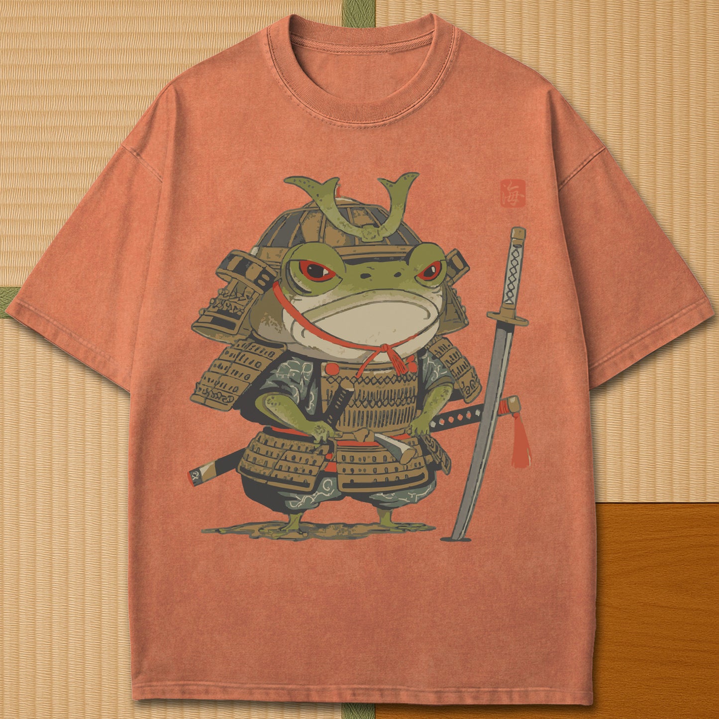 Japanese-inspired cotton Anime Frog Samurai T-Shirt in Yam on Comfort Colors 1717, styled in a modern flatlay scene.