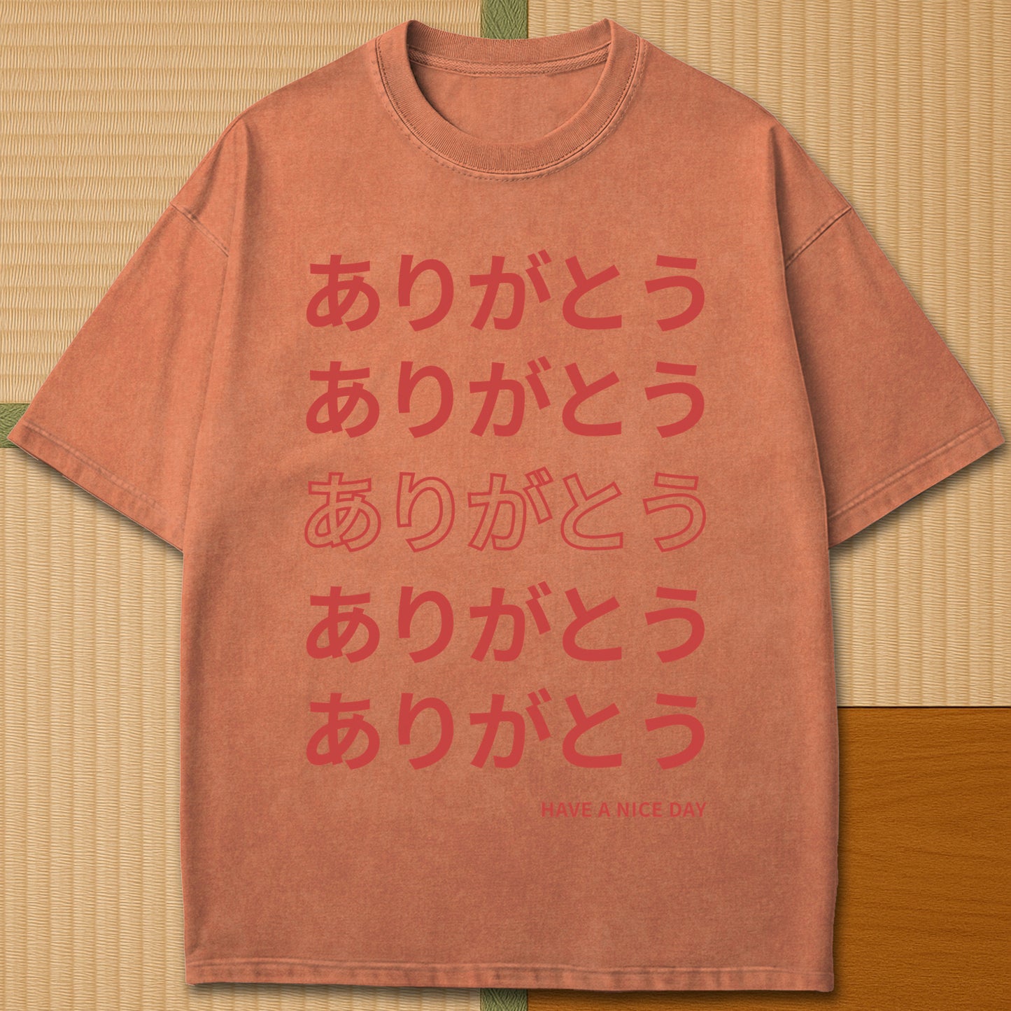 Japanese-inspired cotton Echoes Of Thank You T-Shirt in Yam on Comfort Colors 1717, styled in a modern flatlay scene.