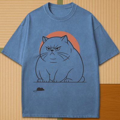 Japanese-inspired cotton Grumpy Cat Standoff T-Shirt in Blue Jean on Comfort Colors 1717, styled in a modern flatlay scene.