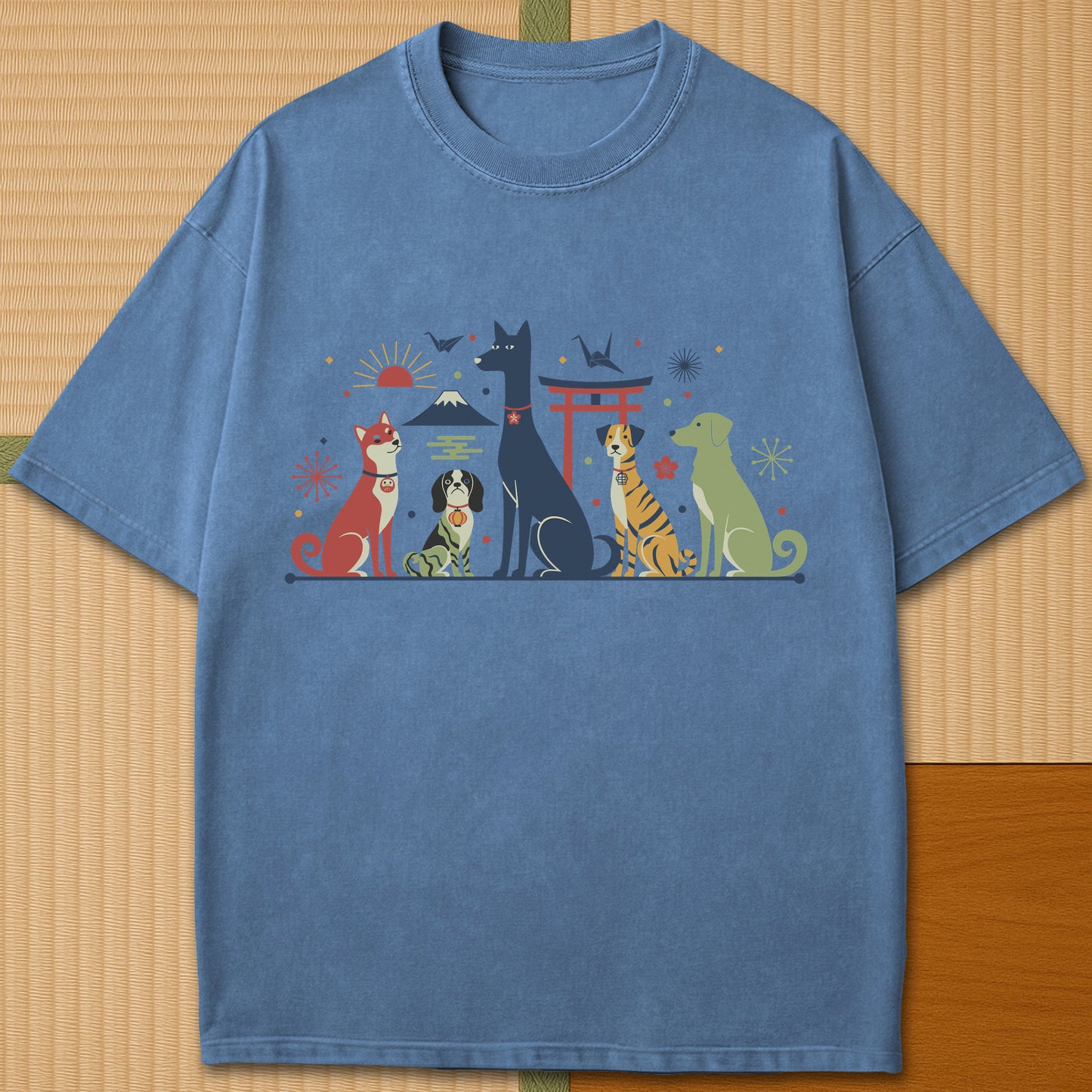 Japanese-inspired cotton Mid Century Retro Japanese Dogs T-Shirt in Blue Jean on Comfort Colors 1717, styled in a modern flatlay scene.