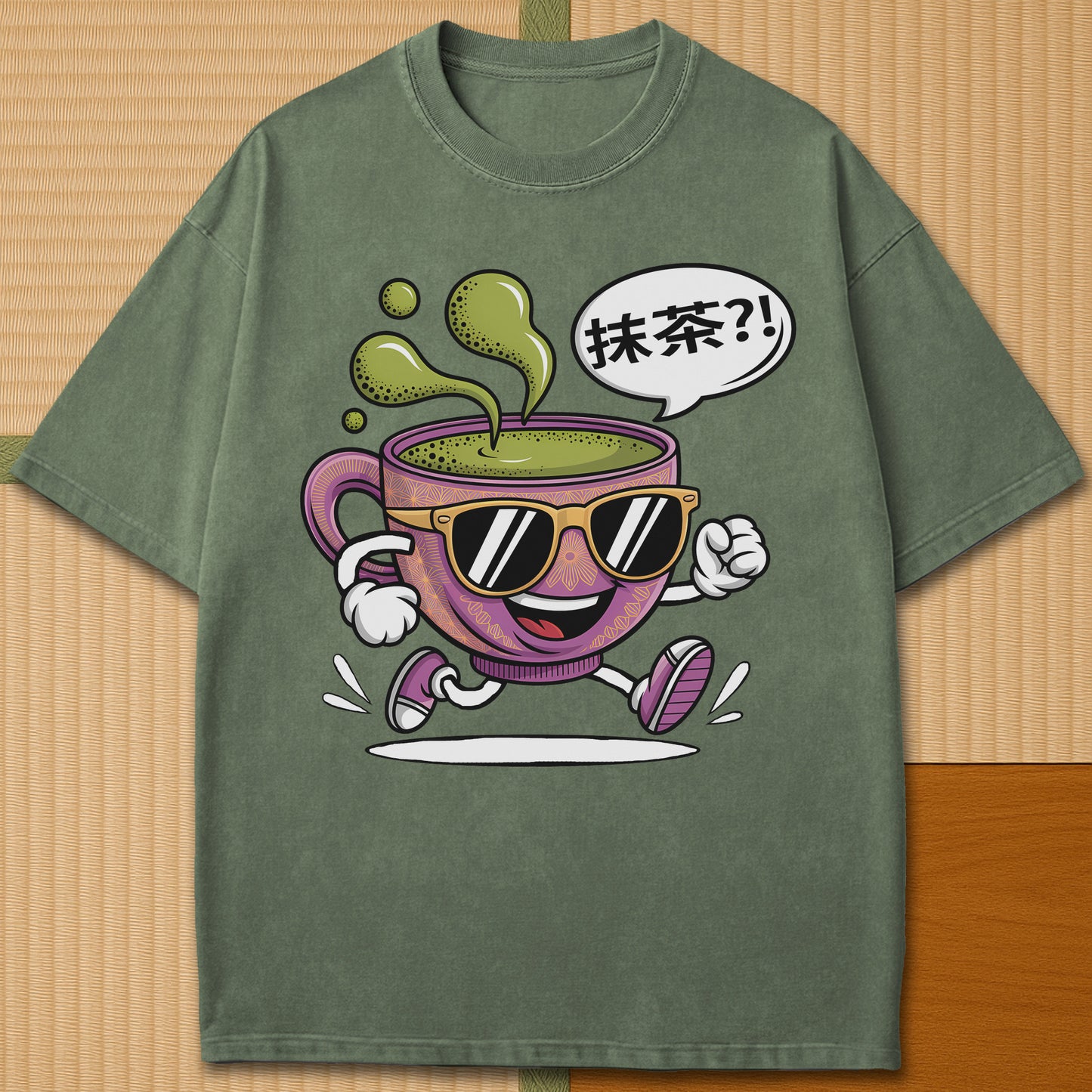 Japanese-inspired cotton Matcha Time Kanji T-Shirt in Moss on Comfort Colors 1717, styled in a modern flatlay scene.