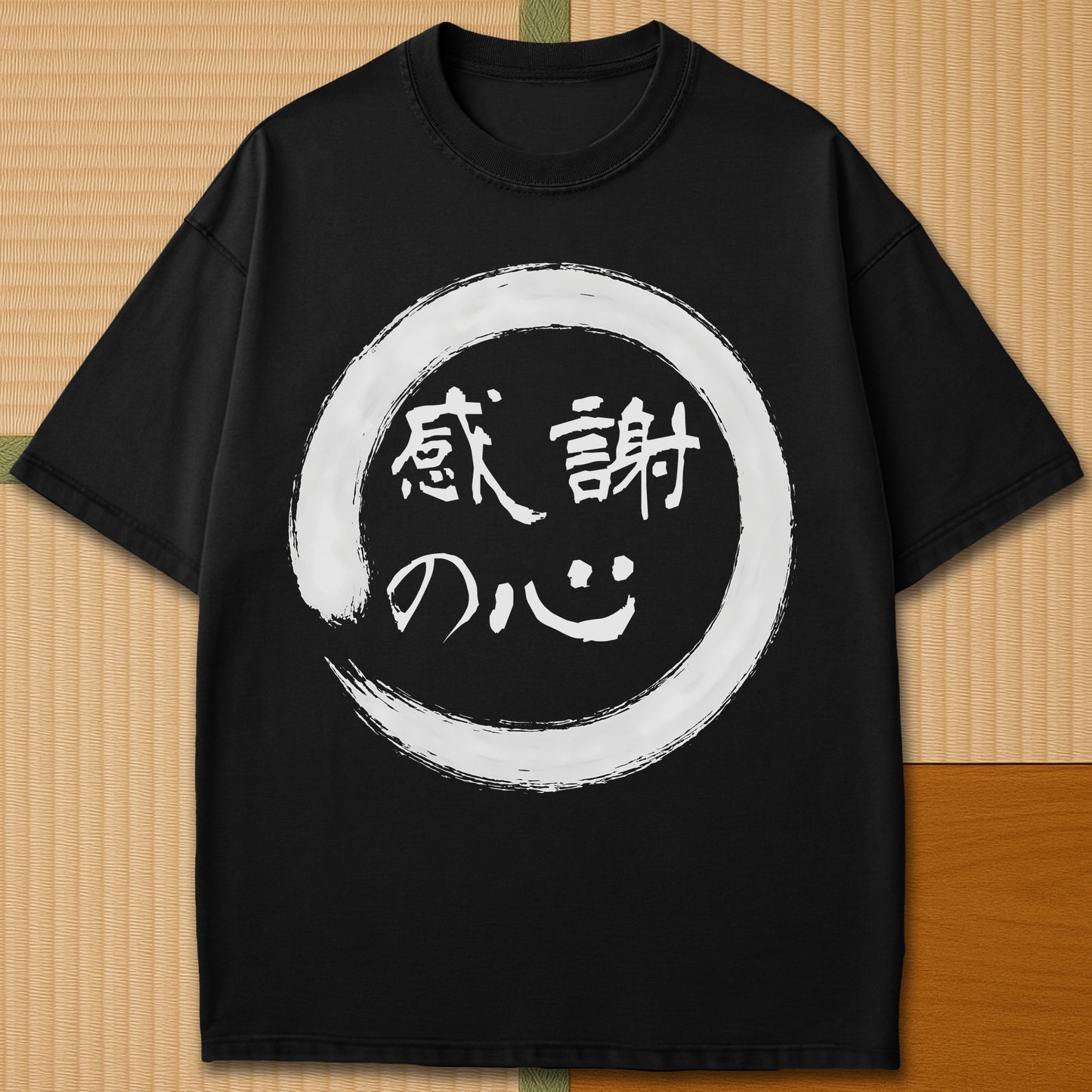 Japanese-inspired cotton Thankful Heart T-Shirt in Black on Comfort Colors 1717, styled in a modern flatlay scene.