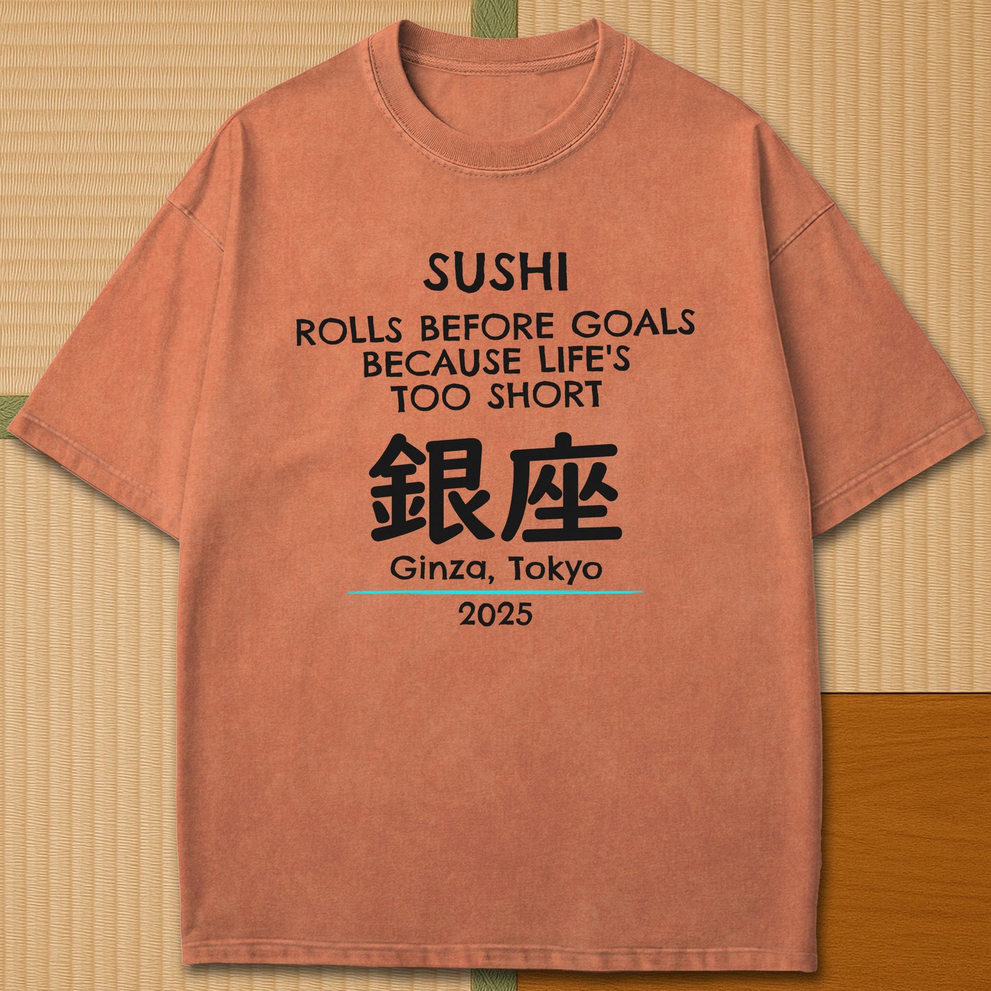 Japanese-inspired cotton Sushi Rolls Before Goals T-Shirt in Yam on Comfort Colors 1717, styled in a modern flatlay scene.