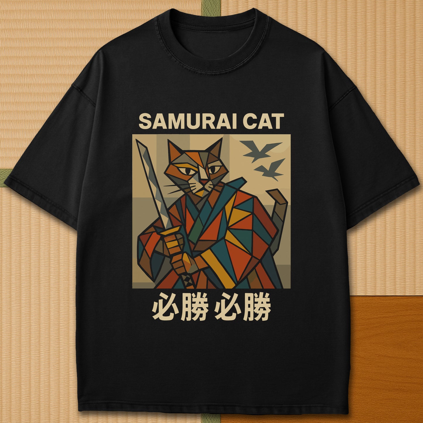 Japanese-inspired cotton Victory Cubist Samurai Cat T-Shirt in Black on Comfort Colors 1717, styled in a modern flatlay scene.