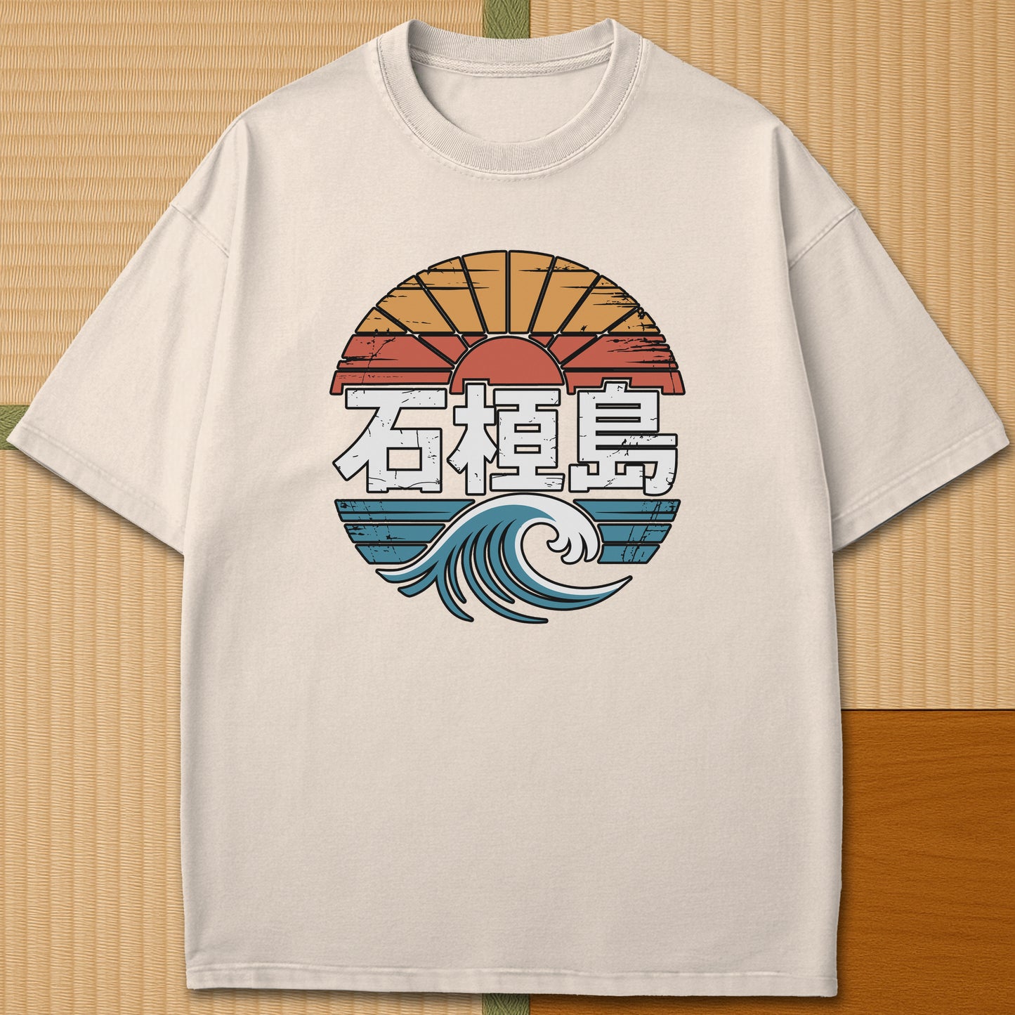 Japanese-inspired cotton Ishigaki Island Vintage Graphic Travel T-Shirt in Ivory on Comfort Colors 1717, styled in a modern flatlay scene.