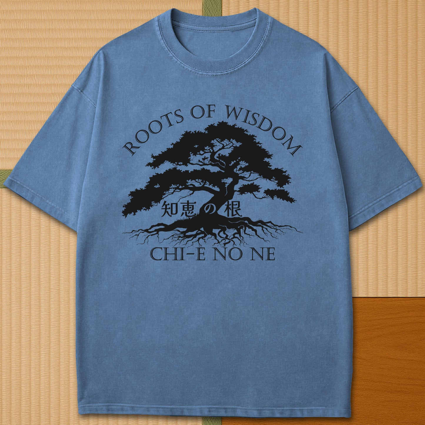 Japanese-inspired cotton Roots Of Wisdom T-Shirt in Blue Jean on Comfort Colors 1717, styled in a modern flatlay scene.