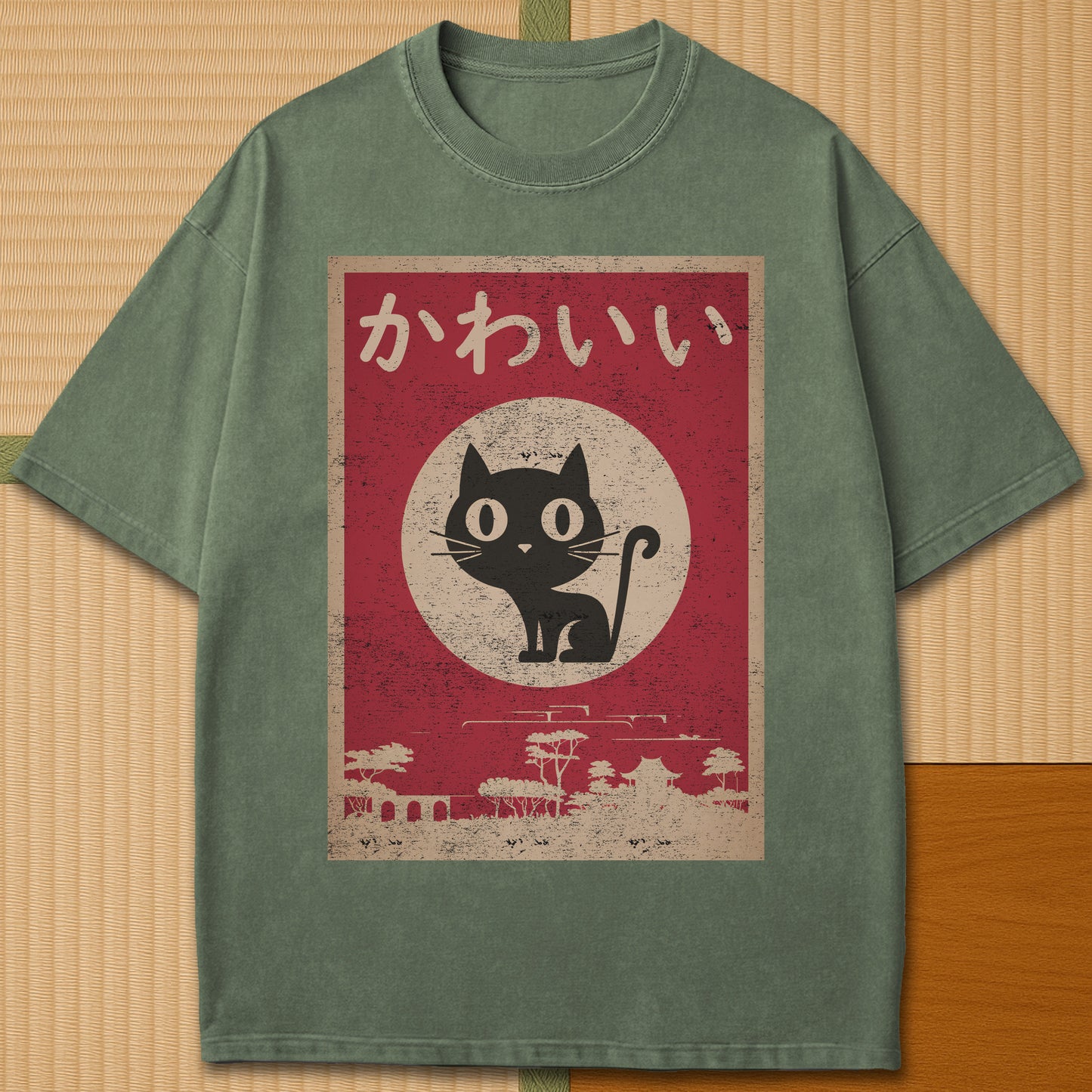 Japanese-inspired cotton Kawaii Cat T-Shirt in Moss on Comfort Colors 1717, styled in a modern flatlay scene.