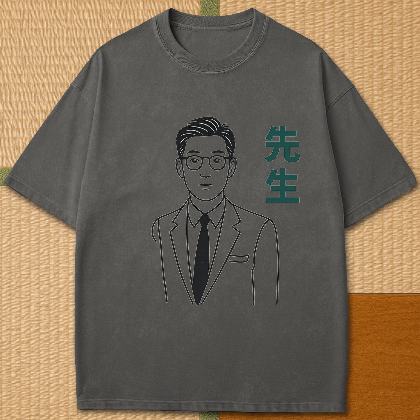Japanese-inspired cotton Sensei Line Art T-Shirt in Pepper on Comfort Colors 1717, styled in a modern flatlay scene.