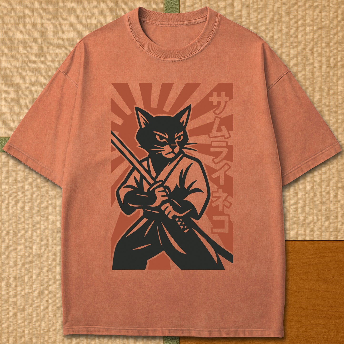 Japanese-inspired cotton Samurai Neko Rising T-Shirt in Yam on Comfort Colors 1717, styled in a modern flatlay scene.