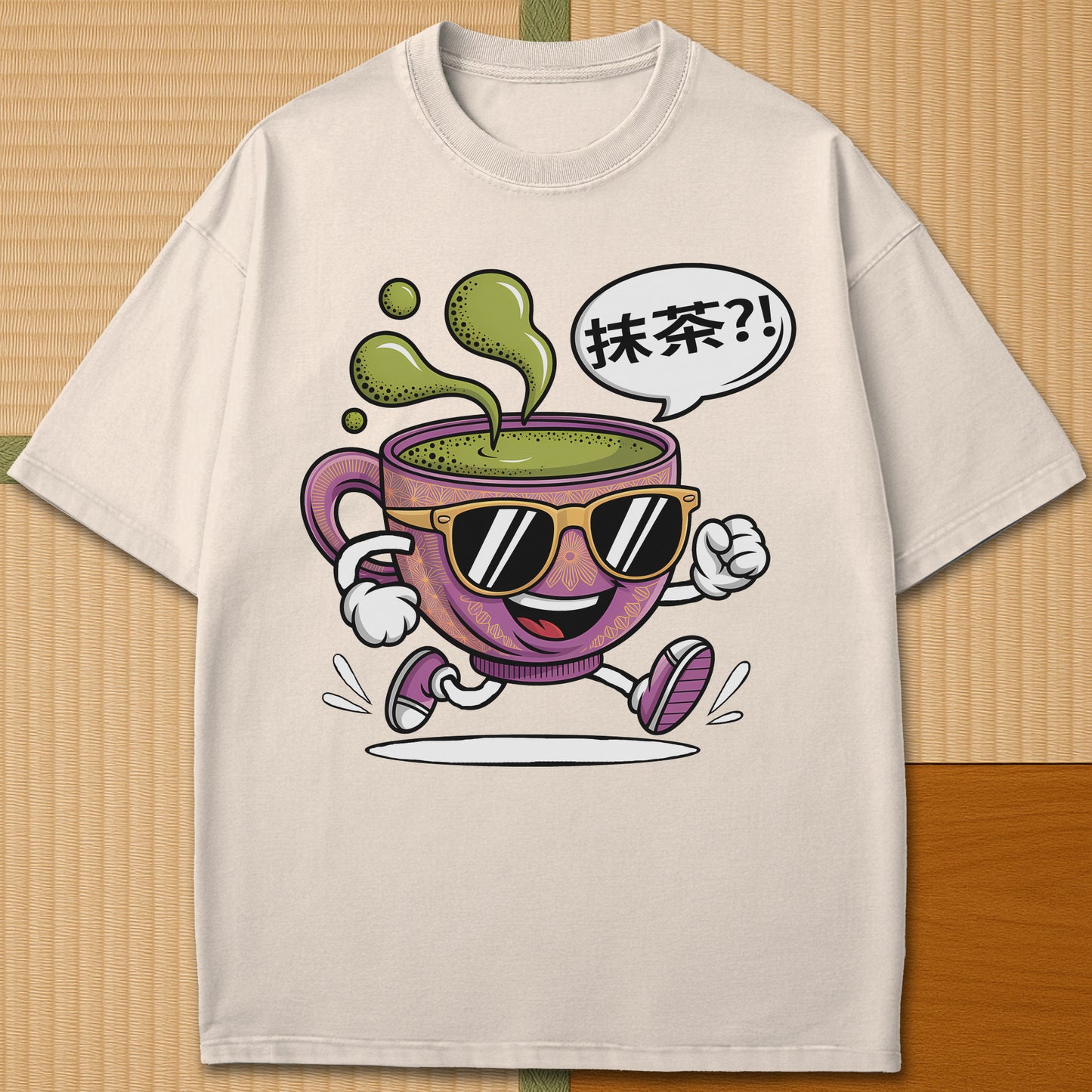 Japanese-inspired cotton Matcha Time Kanji T-Shirt in Ivory on Comfort Colors 1717, styled in a modern flatlay scene.