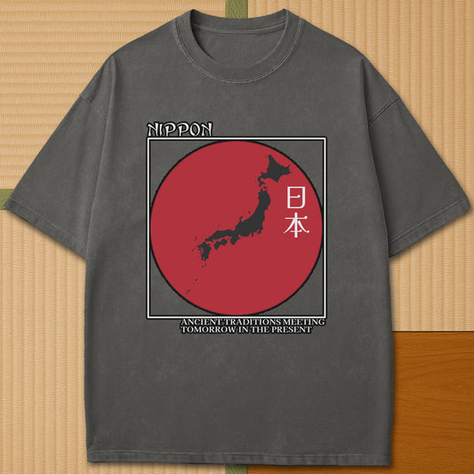 Japanese-inspired cotton Nippon T-Shirt in Pepper on Comfort Colors 1717, styled in a modern flatlay scene.