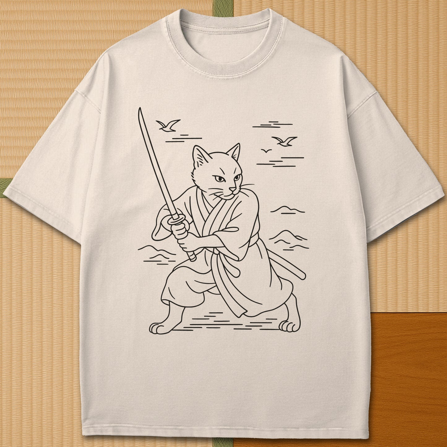 Japanese-inspired cotton Samurai Spirit Cat T-Shirt in Ivory on Comfort Colors 1717, styled in a modern flatlay scene.