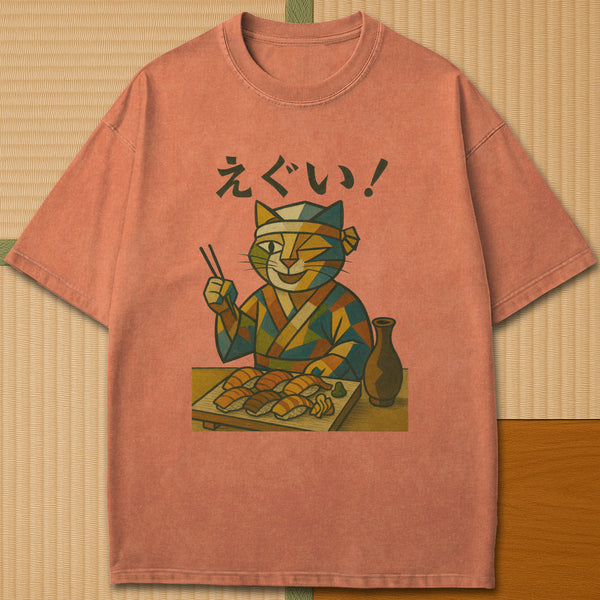 Japanese-inspired cotton Cubist Sushi Cat T-Shirt in Yam on Comfort Colors 1717, styled in a modern flatlay scene.