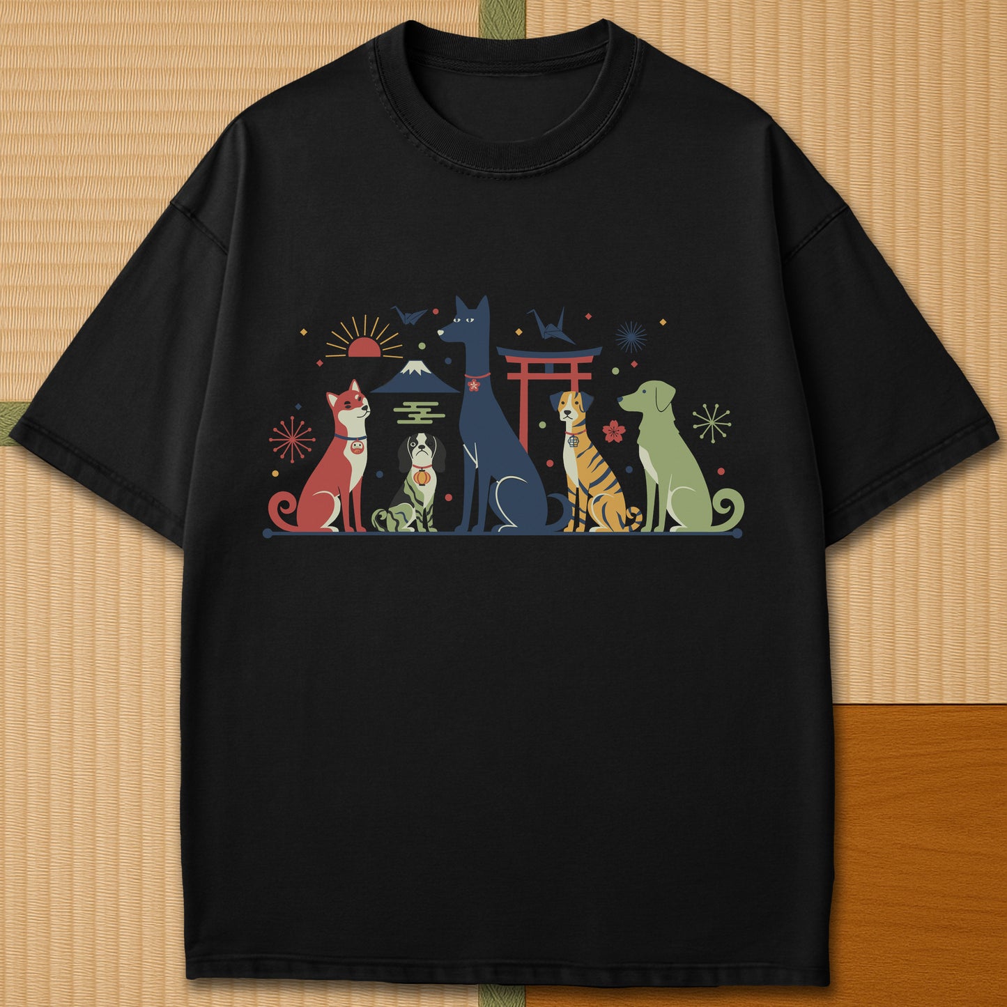 Japanese-inspired cotton Mid Century Retro Japanese Dogs T-Shirt in Black on Comfort Colors 1717, styled in a modern flatlay scene.