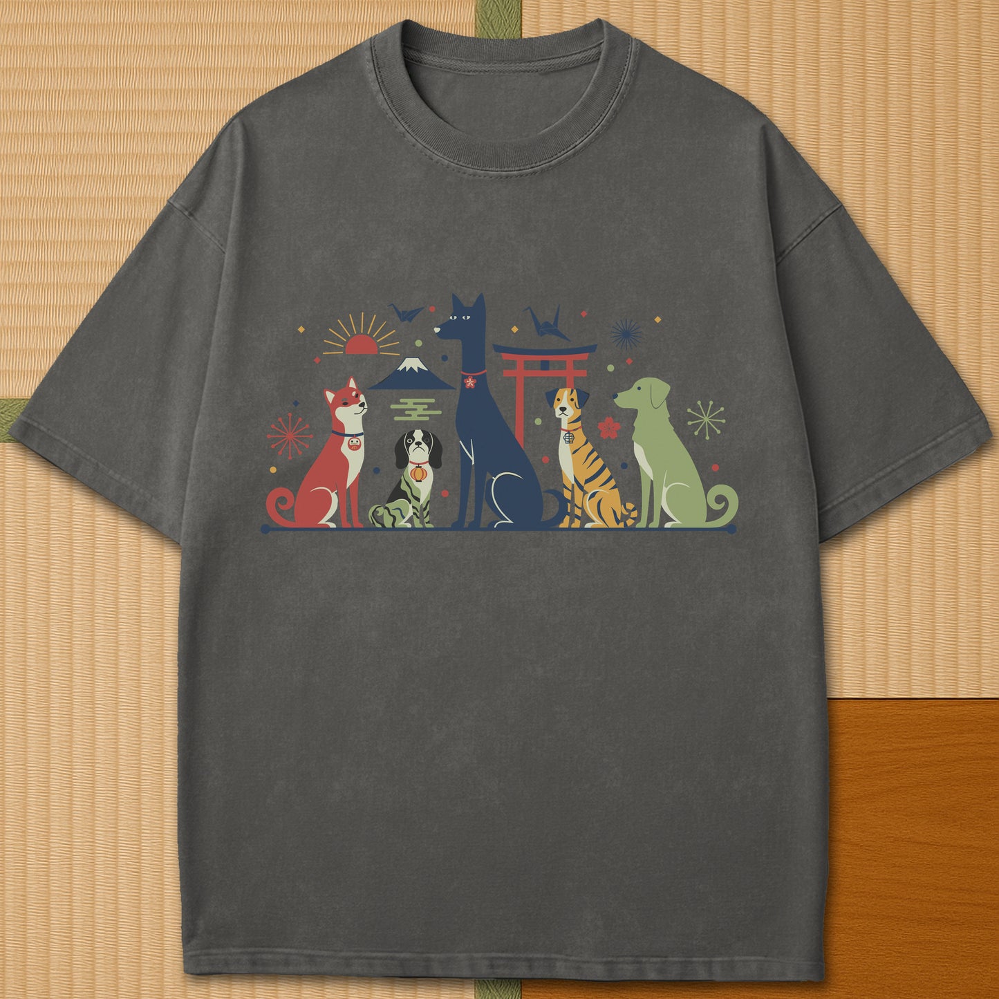 Japanese-inspired cotton Mid Century Retro Japanese Dogs T-Shirt in Pepper on Comfort Colors 1717, styled in a modern flatlay scene.