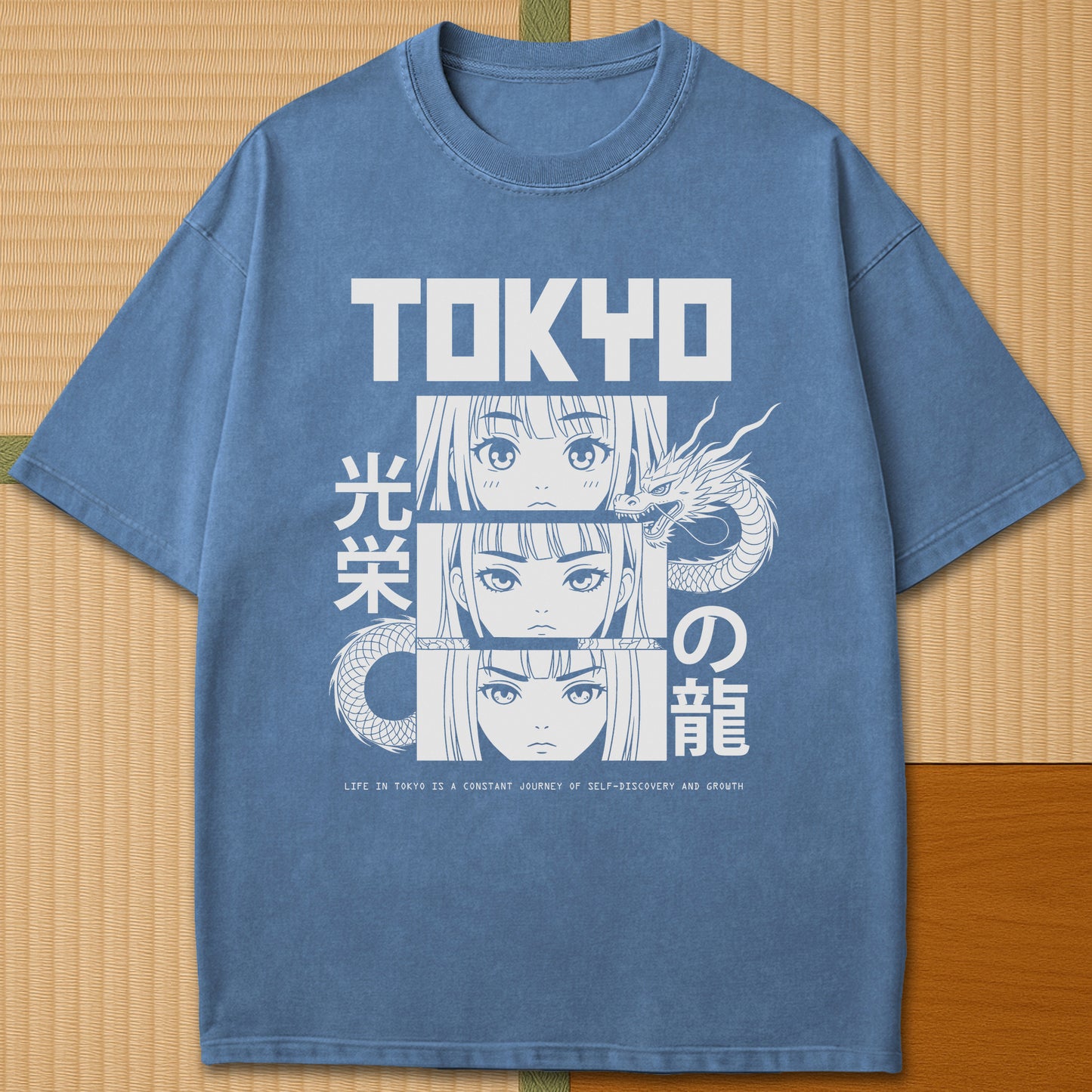 Japanese-inspired cotton Dragon Of Honor T-Shirt in Blue Jean on Comfort Colors 1717, styled in a modern flatlay scene.