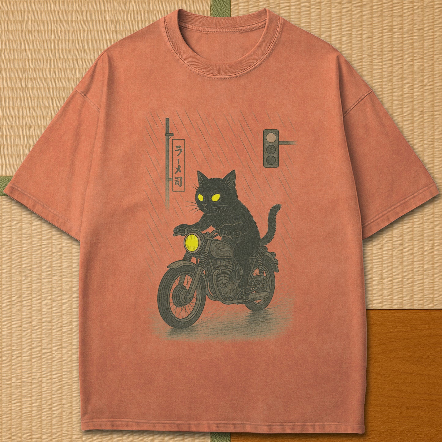 Japanese-inspired cotton Midnight Rain Cat Rider T-Shirt in Yam on Comfort Colors 1717, styled in a modern flatlay scene.