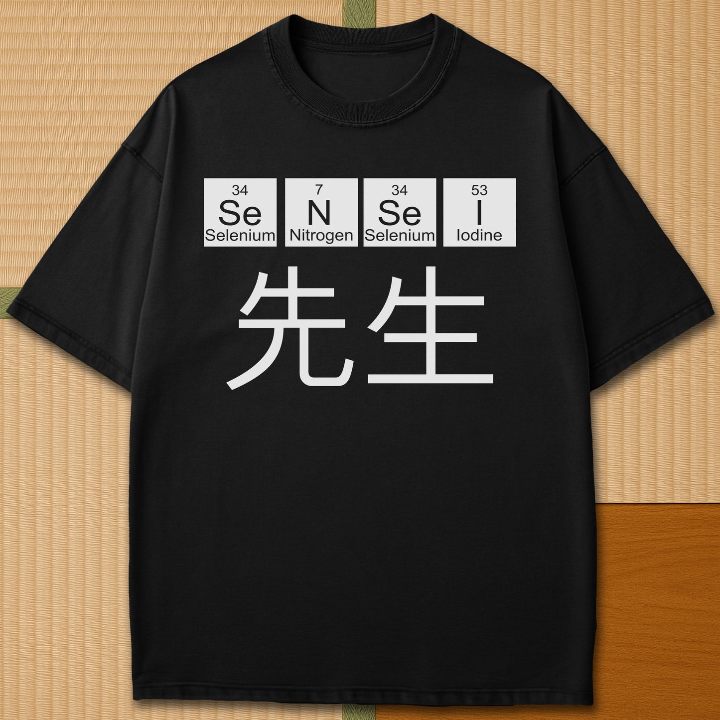 Japanese-inspired cotton Sensei Periodic Table T-Shirt in Black on Comfort Colors 1717, styled in a modern flatlay scene.